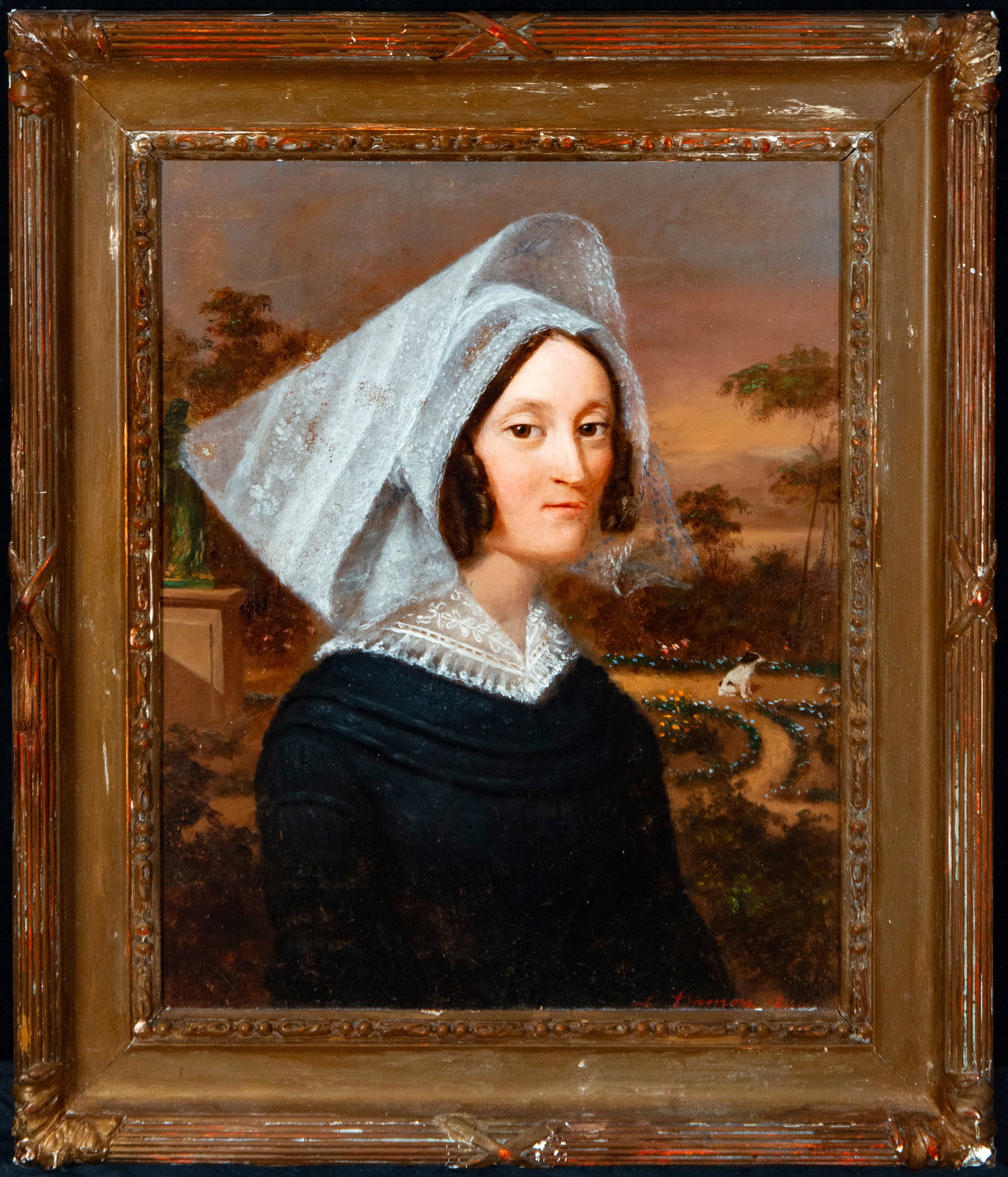 19th-century portrait of a lady: Oil on canvas. Dimensions without frame: 51 x 41 cm. Dimensions with frame: 65 x 55 cm.