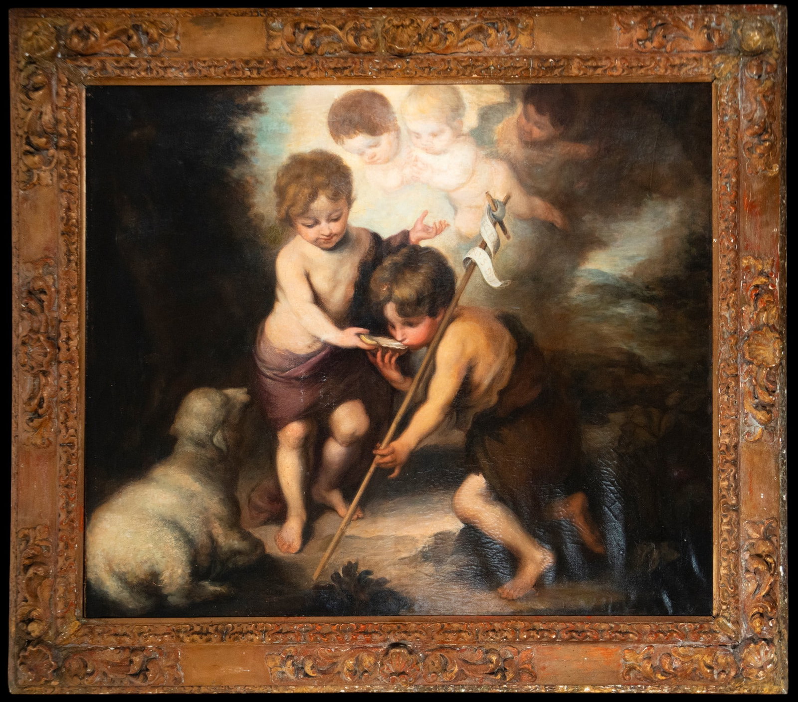 Saint John the Baptist as a child with the Child Jesus, Sevillian School of Murillo, 18th Century: Oil on canvas. Devotional scene with the infant Saint John the Baptist and the Christ Child accompanied by angels and the mystical lamb, in the Spanish Baroque tradition. Dimensions: 105 x 125 cm - 13