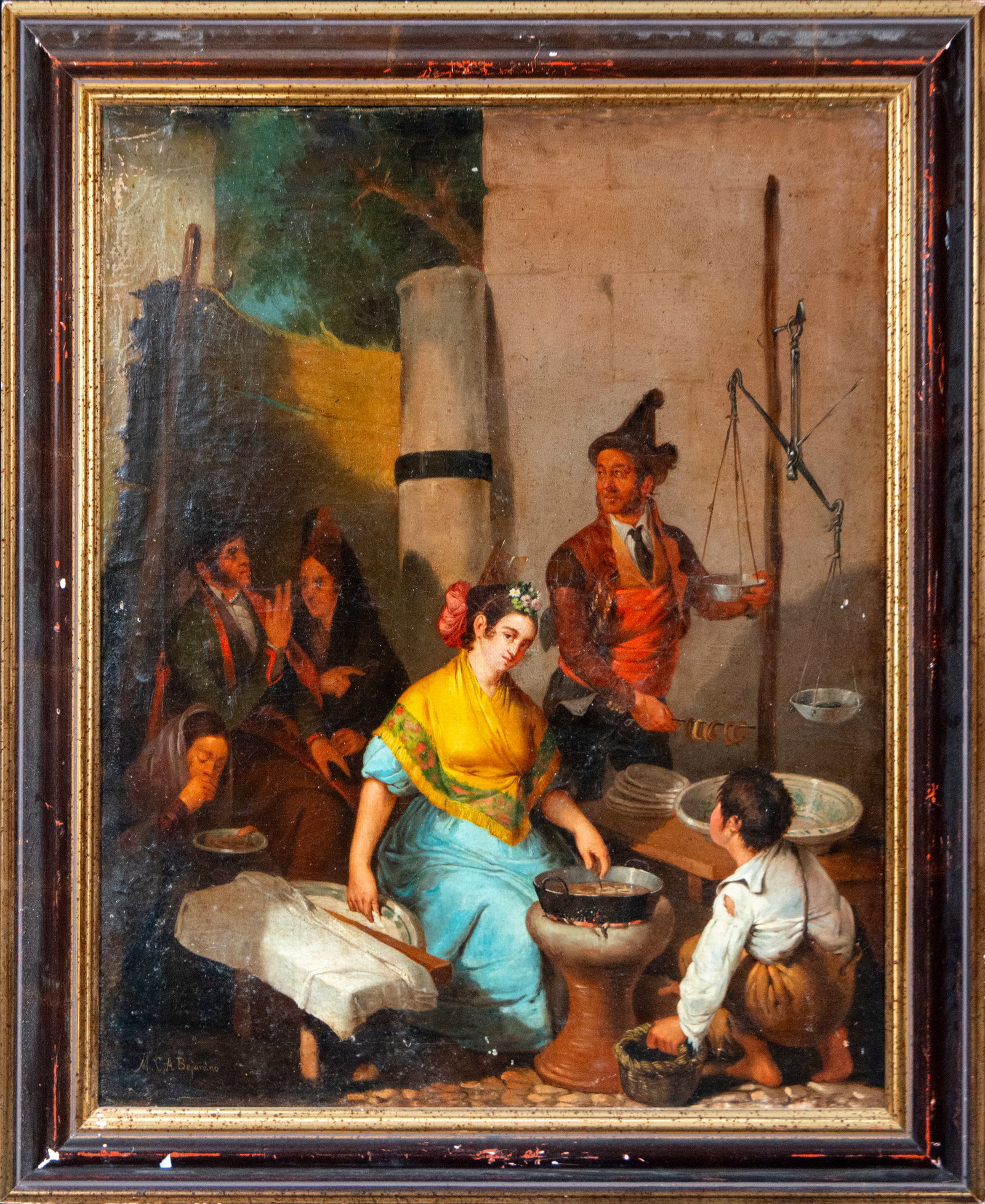 Popular Andalusian scene, Signed MG Bejarano, Spanish School, 19th Century: Oil on canvas. Dimensions without frame: 66 x 52 cm. Dimensions with frame: 79 x 65 cm. Interior with figures gathered around a food stall, treated with narrative vividness and warm colors typical of 