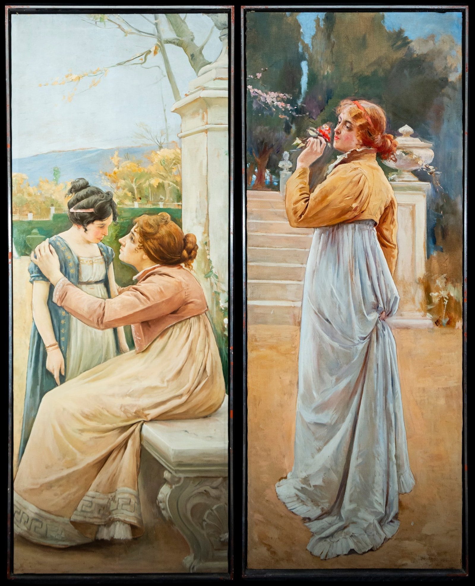 Pair of female panels, Signed José Nin y Tudó, Spanish School, 19th Century: Oil on canvas. Dimensions without frame: 222 x 82 cm each. Dimensions with frame: 226 x 85 cm each. Two elegant female figures with a refined modernist aesthetic, set in classic gardens and terraces, 