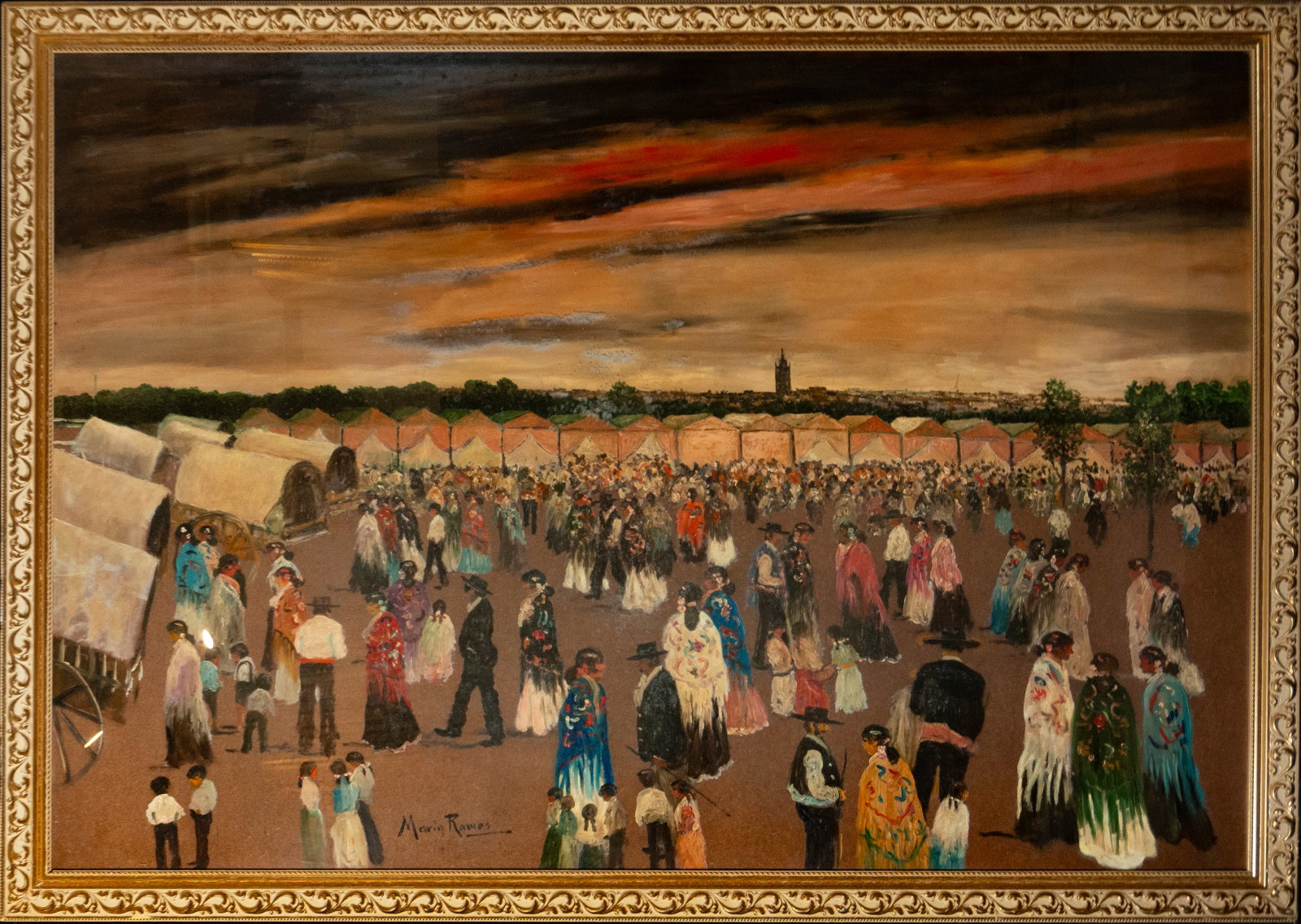 Popular fair, Signed Marín Ramos, Spanish School, 20th Century: Oil on canvas. Dimensions without frame: 112 x 162 cm. Dimensions with frame: 122 x 172 cm. A wide view of a fair with numerous figures dressed in traditional clothing, rendered with a synthetic brush