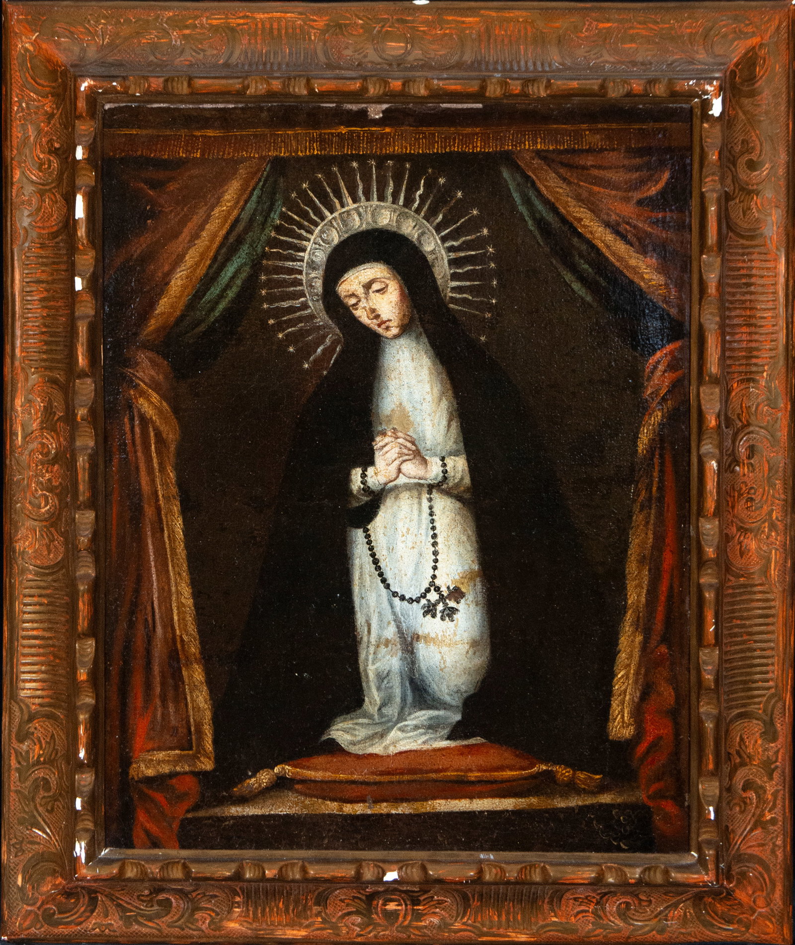 Our Lady of Sorrows. Hispanic-American School. 17th Century: Oil on canvas. Dimensions without frame: 63 x 48 cm. Dimensions with frame: 79 x 65 cm.