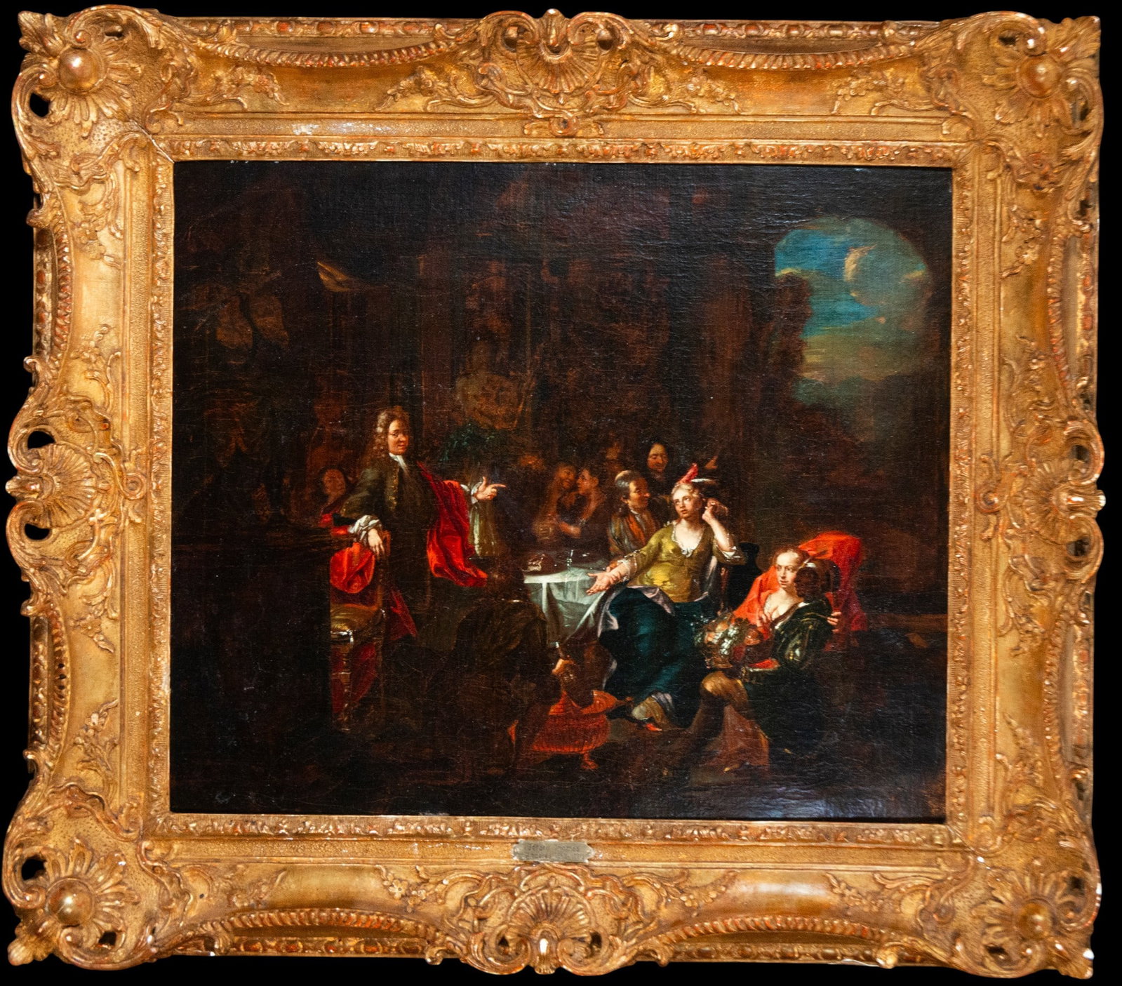 Palace Interior, Gerard Thomas 1680-1720 - Flemish School. 18th Century: Oil on canvas. Dimensions without frame: 50 x 60 cm. Dimensions with frame: 69 x 79 cm. An elegant gathering of figures in a garden or palace terrace, where the dialogue, gestures, and rich attire evo
