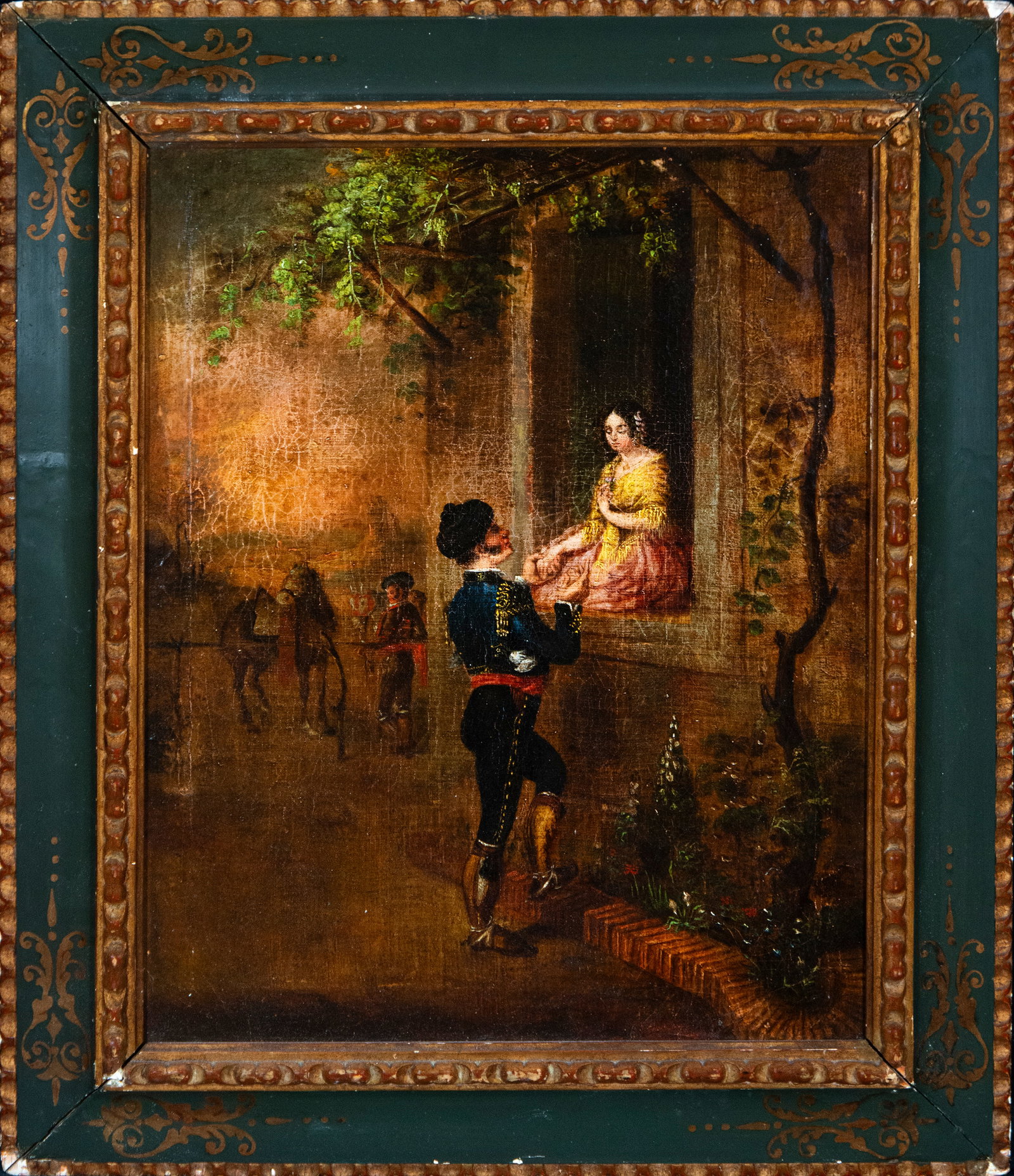 Courtship by a window. Spanish School. 19th Century: Oil on canvas. Dimensions without frame: 60 x 49 cm. Dimensions with frame: 76 x 65 cm. A gentleman converses with a young woman looking out of a window while several other figures complete the scene.