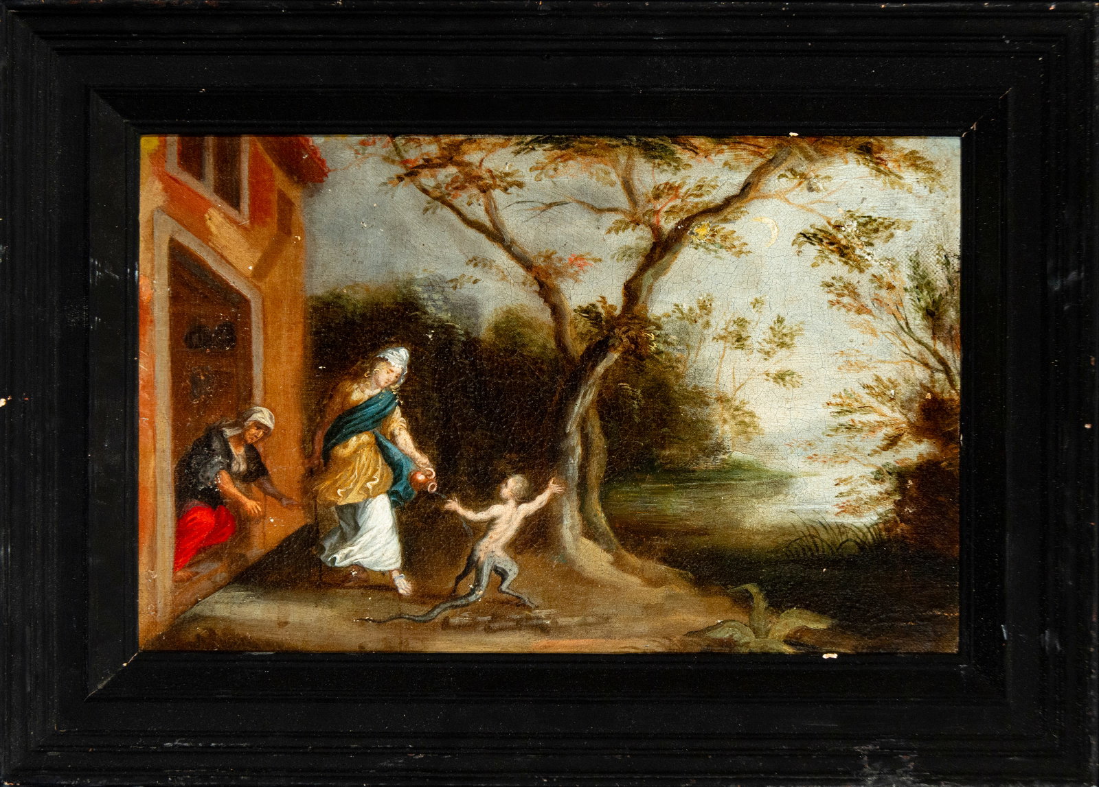 Allegory of Charity. Flemish School. 17th Century: Oil on canvas. Dimensions without frame: 26 x 40 cm. Dimensions with frame: 37 x 51 cm. A female figure offers food to a naked child against a backdrop of rustic architecture and a wooded landscape. T