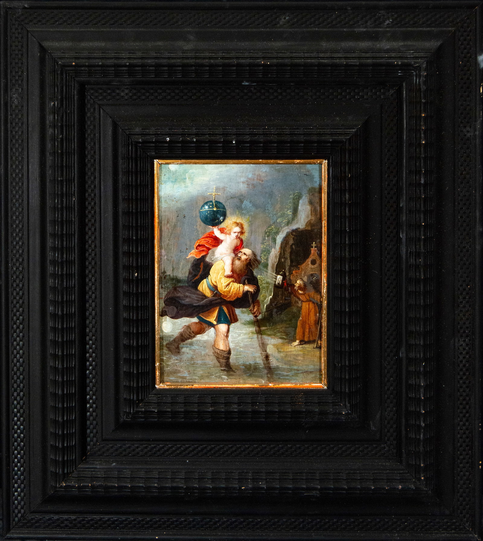 Saint Christopher with the Child Jesus. Flemish or Italian copper, 17th century: Oil on canvas. Dimensions without frame: 24 x 18 cm. Dimensions with frame: 52 x 46 cm.