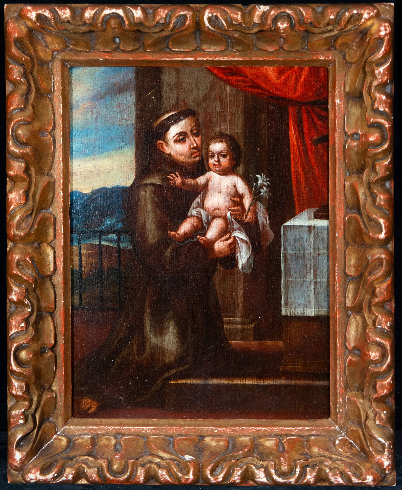 Saint Anthony of Padua with the Child Jesus. JUAN DE SEVILLA ROMERO Y ESCALANTE (Granada, 1643-1695): Oil on panel. Dimensions without frame: 38 x 26 cm. Dimensions with frame: 46 x 37 cm. Saint Anthony holds the Christ Child, who carries a staff of lilies as a symbol of purity. The frontal compositio