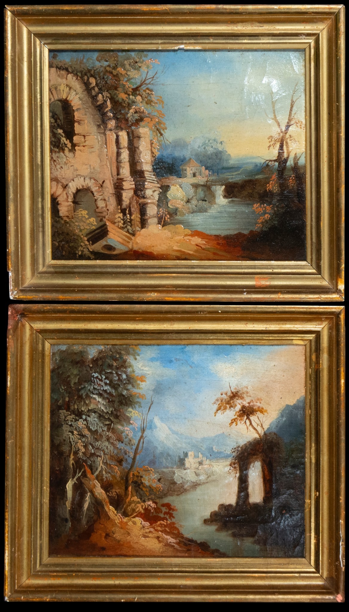 Pair of landscapes with ruins and waterways. European School. 19th century: Oil on canvas. Dimensions without frame: 22 x 26 cm. Dimensions with frame: 27 x 31 cm. A pair of romantic landscapes, articulated by ruins, bridges, groves, and waterways that draw the eye toward mou