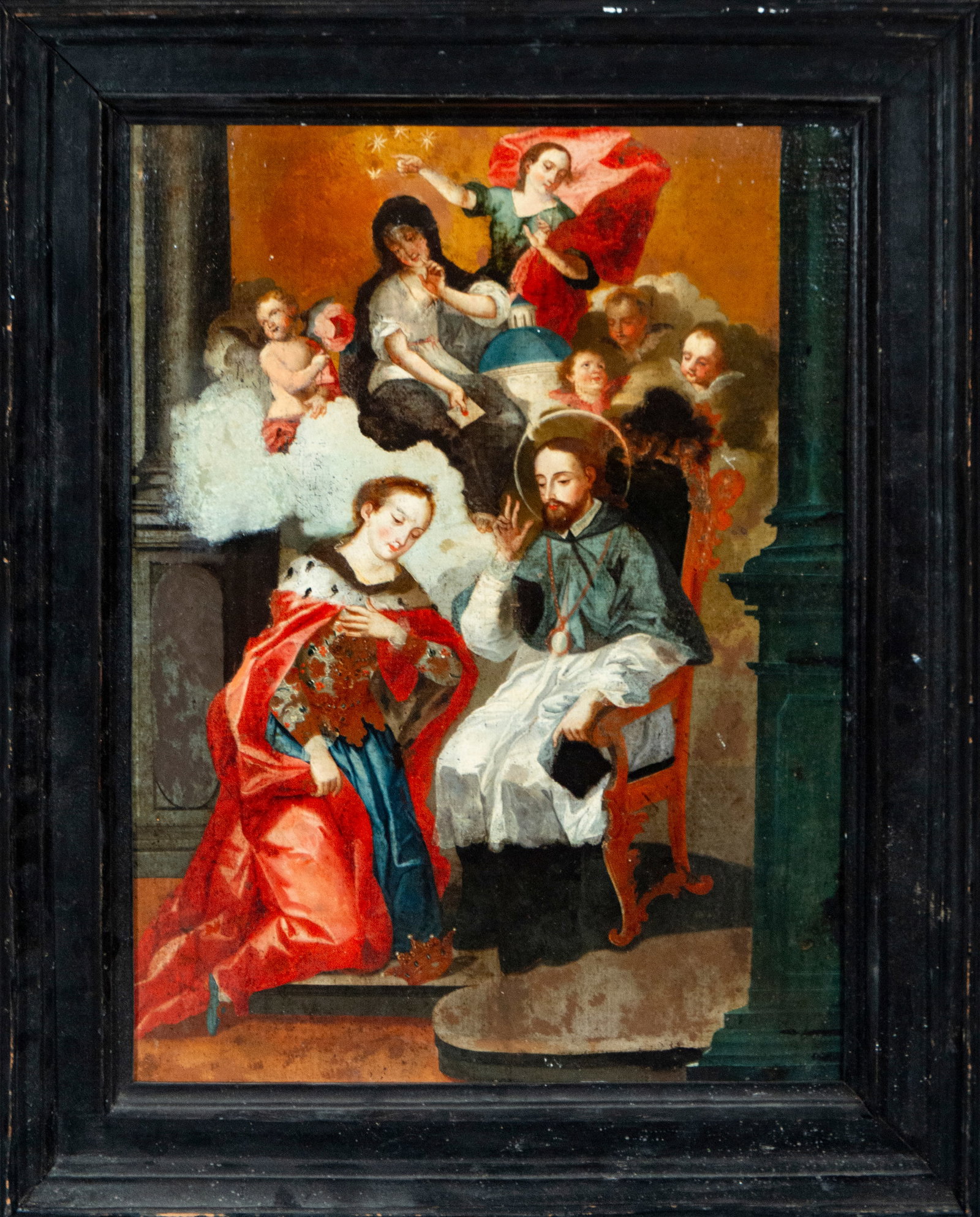 Portuguese School of Josefa de Obidos and Baltazar Gomes Figueira (Óbidos, 1604 - Óbidos, 1674).: Oil on canvas. Dimensions without frame: 50 x 38 cm. Dimensions with frame: 61 x 49 cm. A kneeling lady receives the blessing of a saintly bishop, while a celestial vision with angelic figures complet