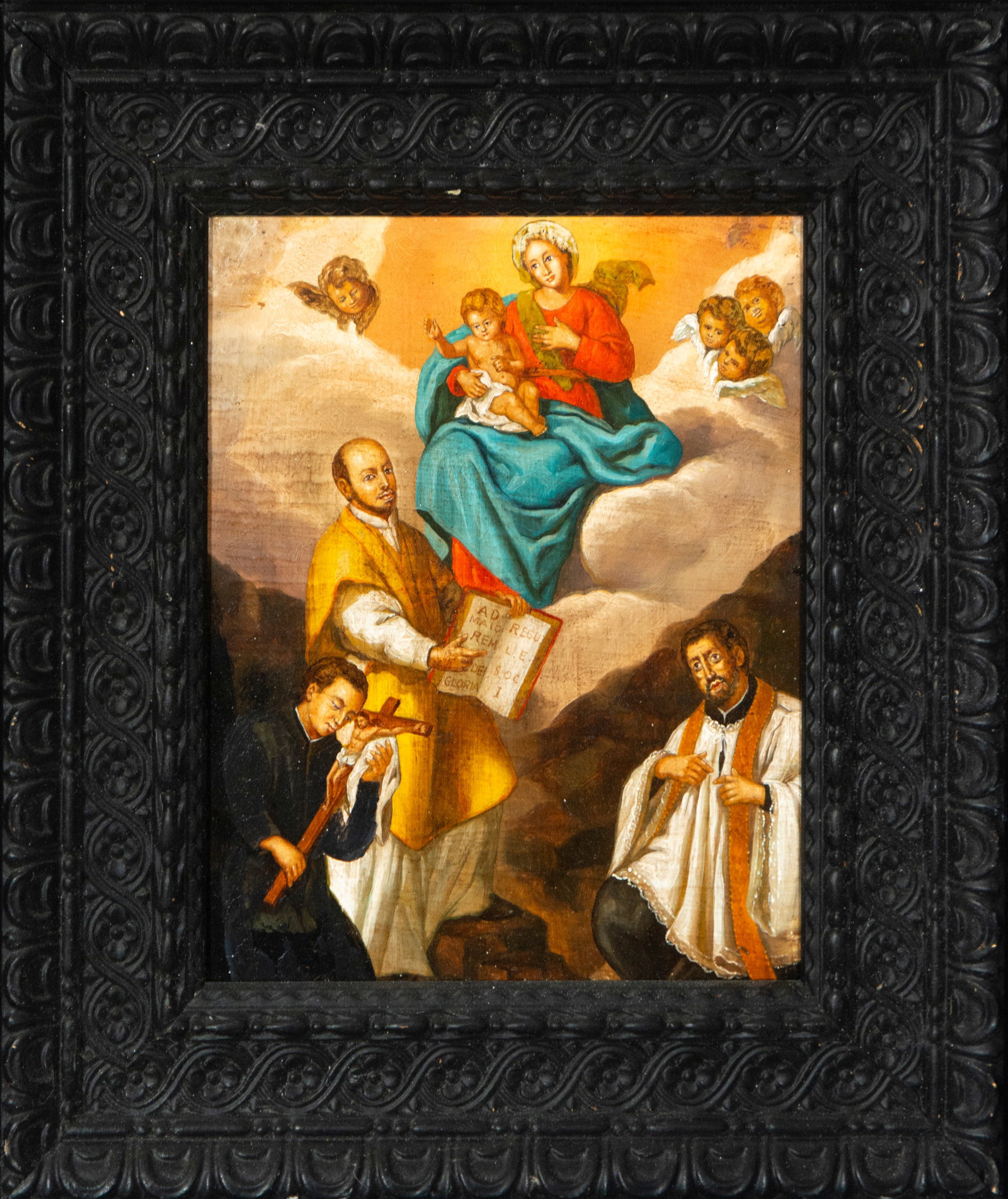 Virgin and Child with Saints. Hispanic School. 18th-19th Centuries: Oil on copper. Dimensions without frame: 26 x 21 cm. Dimensions with frame: 39 x 34 cm. The Virgin and Child are depicted enthroned on clouds and surrounded by cherubs, while several saints are arrang