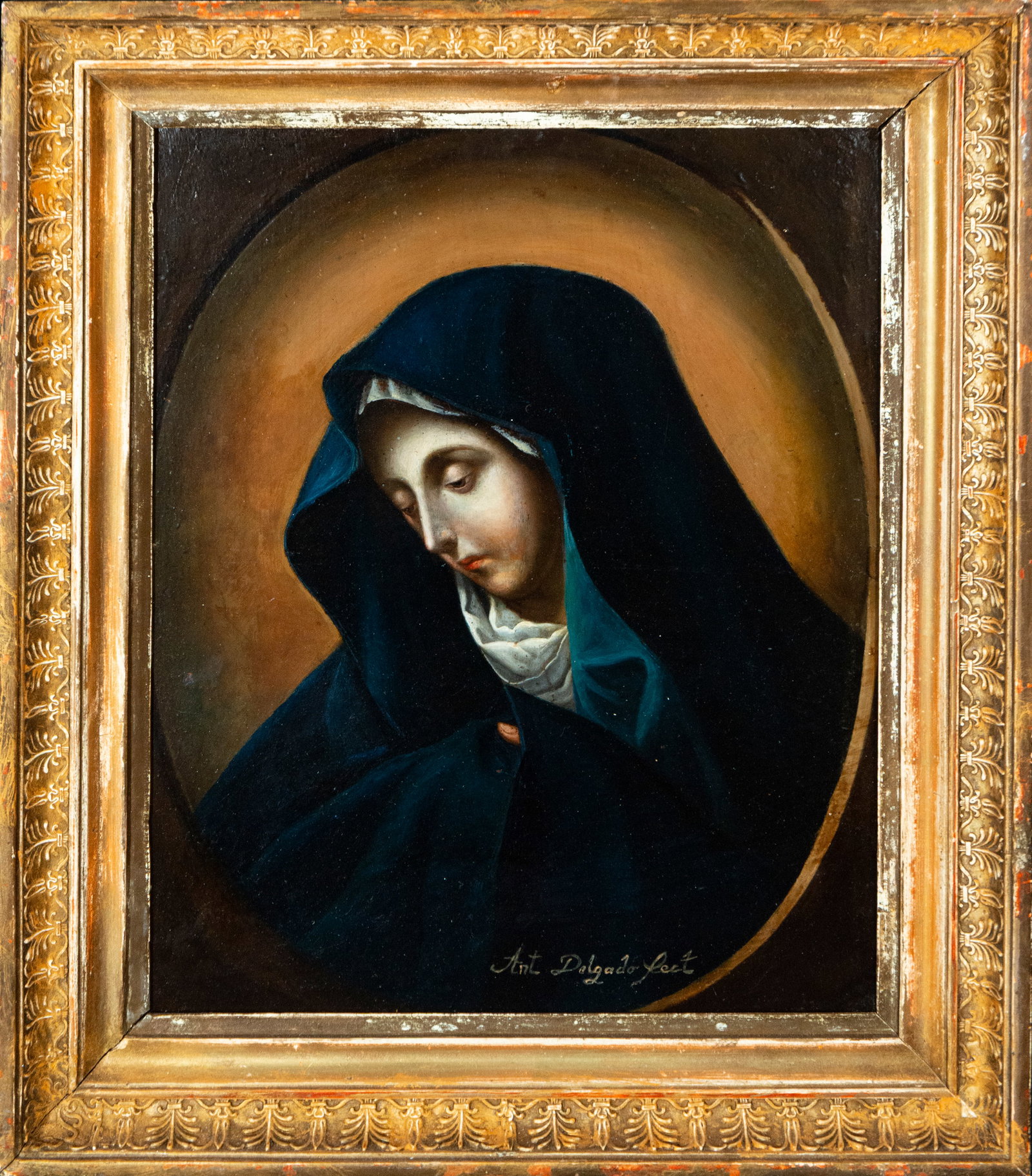 Our Lady of Sorrows. Signed. Spanish School. 18th-19th Century: Oil on copper. Dimensions without frame: 38 x 30 cm. Dimensions with frame: 46 x 38 cm. Bust of the Virgin of Sorrows with her head bowed and enveloped in a wide blue mantle, set against a golden halo