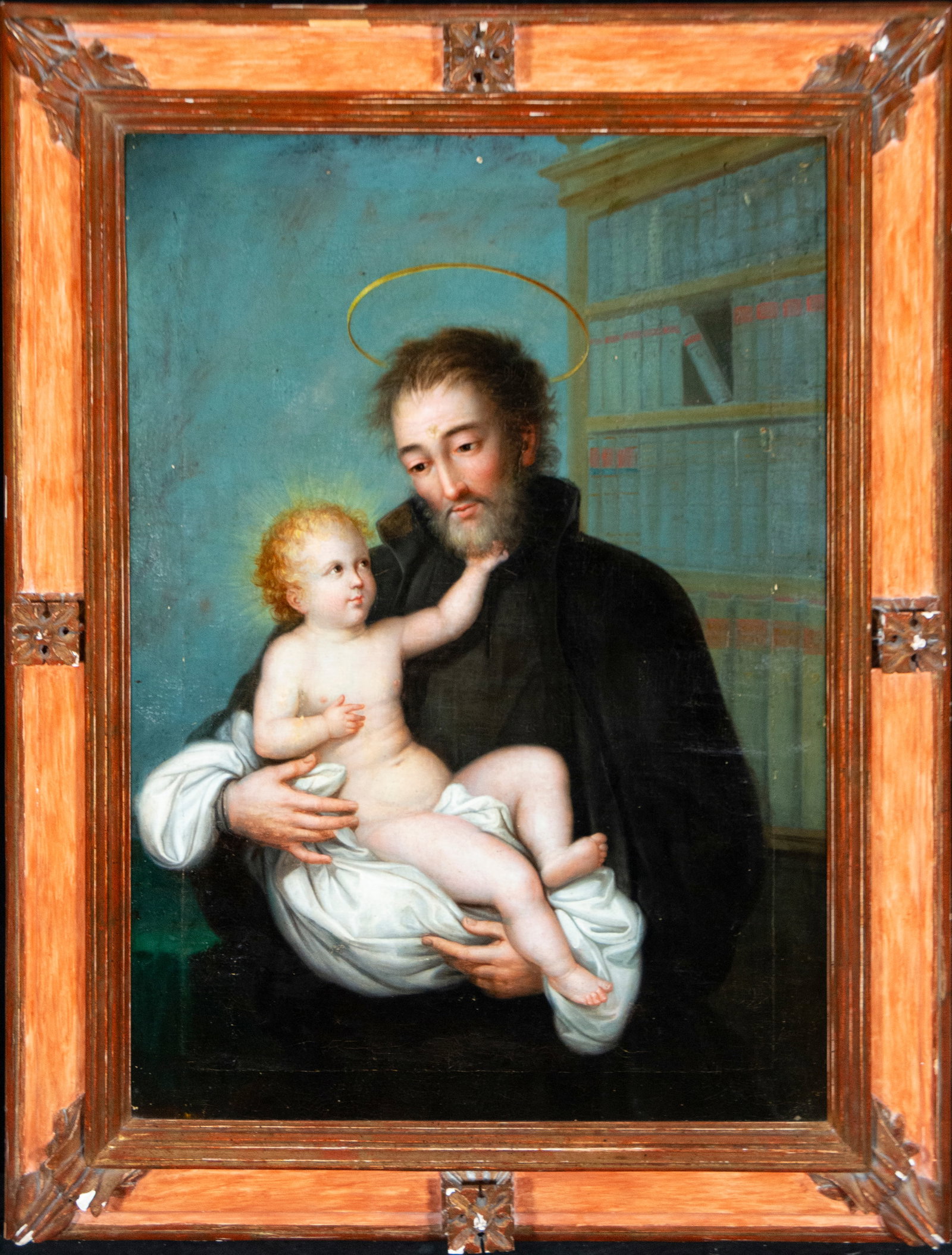 Saint with the Child Jesus. Spanish painter from the late 18th century.: Oil on canvas. Dimensions without frame: 78 x 56 cm. Dimensions with frame: 97 x 75 cm. A saint in dark robes holds the Christ Child before a library, in an intimate and devotional composition. Import