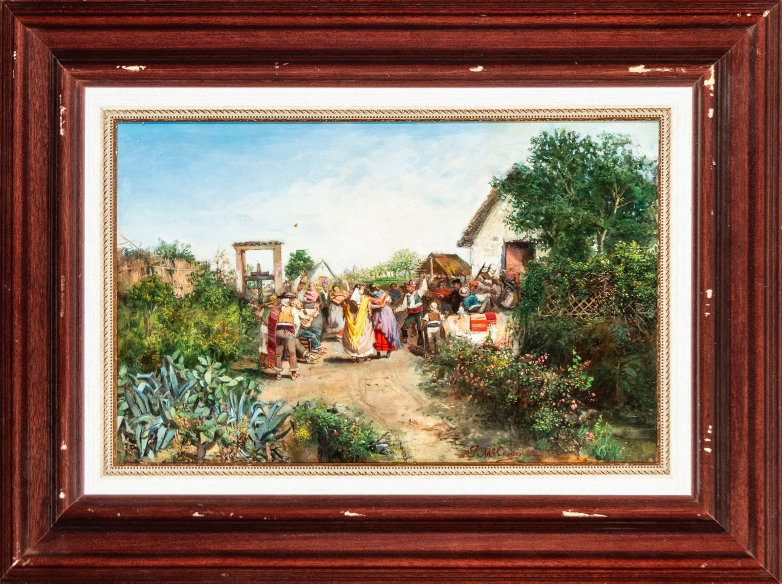 Village festival. Signed. European School. 19th century: Oil on panel. Dimensions without frame: 64 x 41 cm. Dimensions with frame: 91 x 69 cm. A lively folk scene with musicians, dancing couples, and neighbors gathered among houses and vegetation. The narr