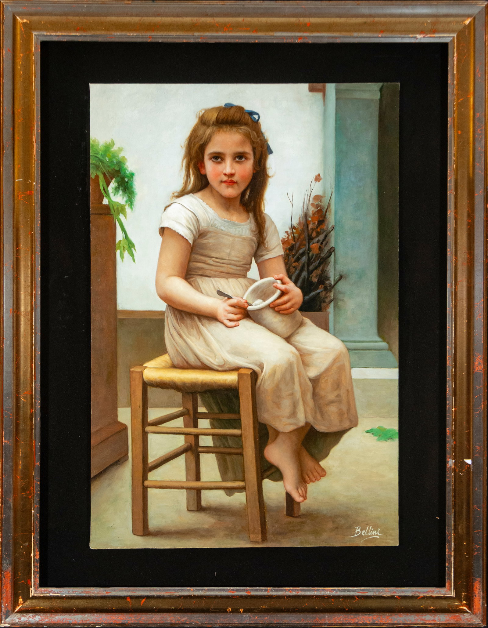 Seated Girl, Bellini, signed, Italian Romantic school of the 19th-20th century: Oil on canvas. Dimensions without frame: 90 x 60 cm. Dimensions with frame: 122 x 96 cm. Full-length portrait of a seated child holding a bowl and spoon. The clarity of the composition, the academic d