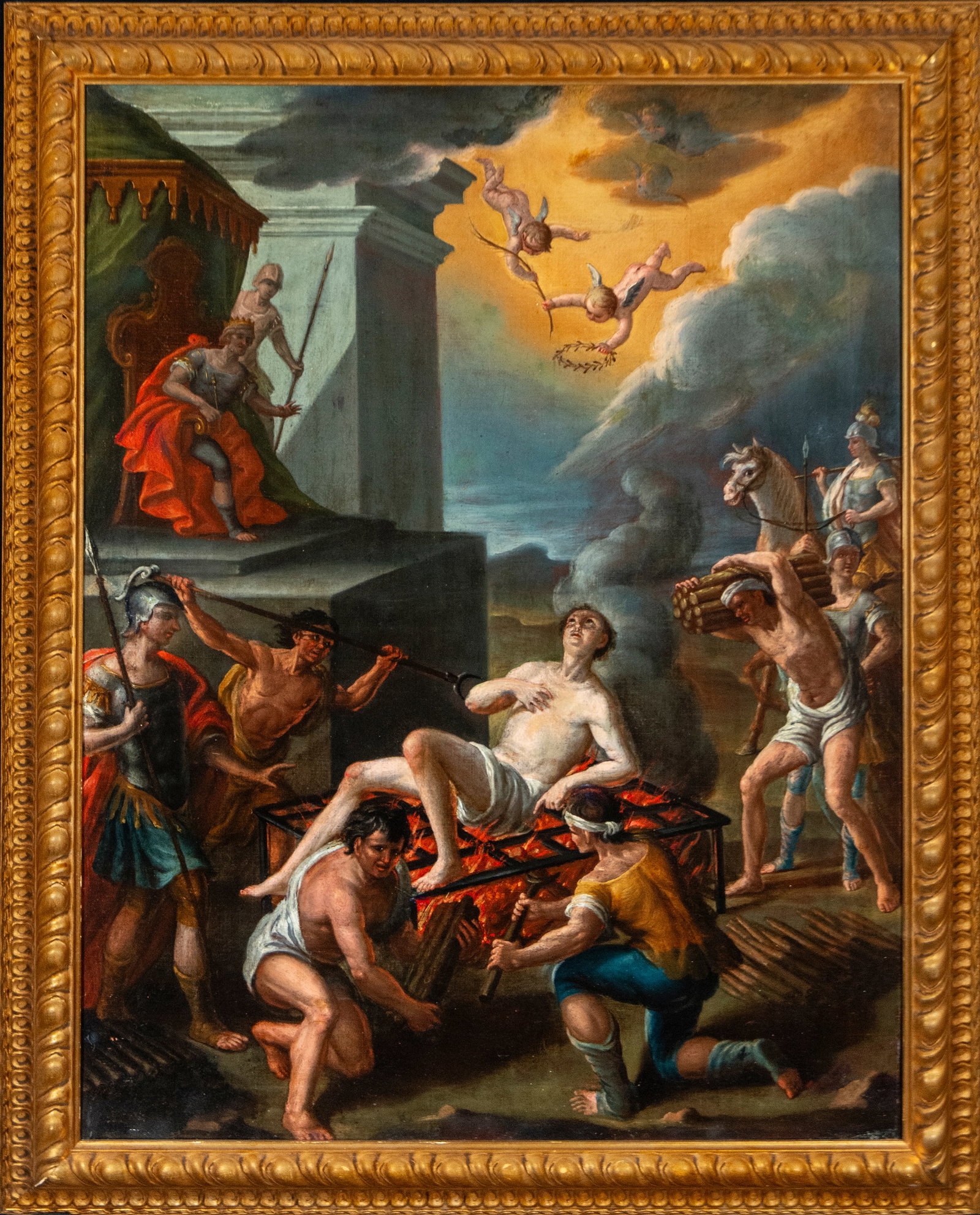 Martyrdom of Saint Lawrence. Italian School. 17th Century: Oil on canvas. Dimensions without frame: 91 x 71 cm. Dimensions with frame: 104 x 84 cm. Saint Lawrence is depicted lying on the gridiron while the executioners stoke the fire and soldiers witness the