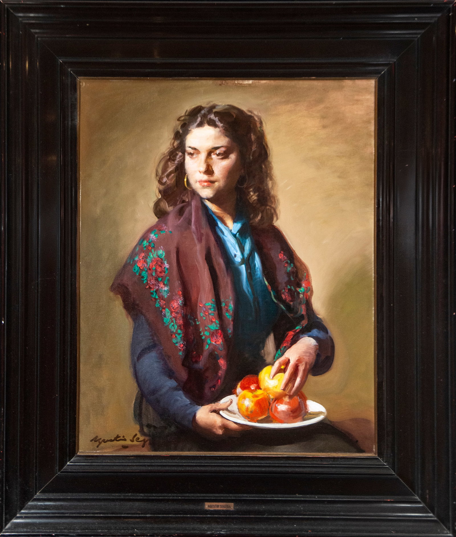 Young man with fruit. AGUSTIN SEGURA. Spanish School. 20th Century: Oil on canvas. Dimensions without frame: 82 x 65 cm. Dimensions with frame: 110 x 95 cm.