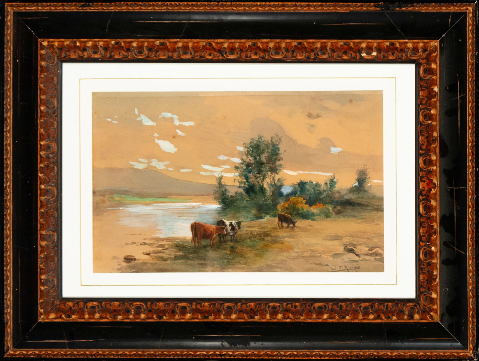 Landscape with cows. Signed. Spanish School. Late 19th - early 20th century: Watercolor on paper. Dimensions 49 × 30 cm and 80 cm. Landscape with cattle by a river under twilight, rendered with a warm palette and a fresh watercolor technique. The composition reflects the land