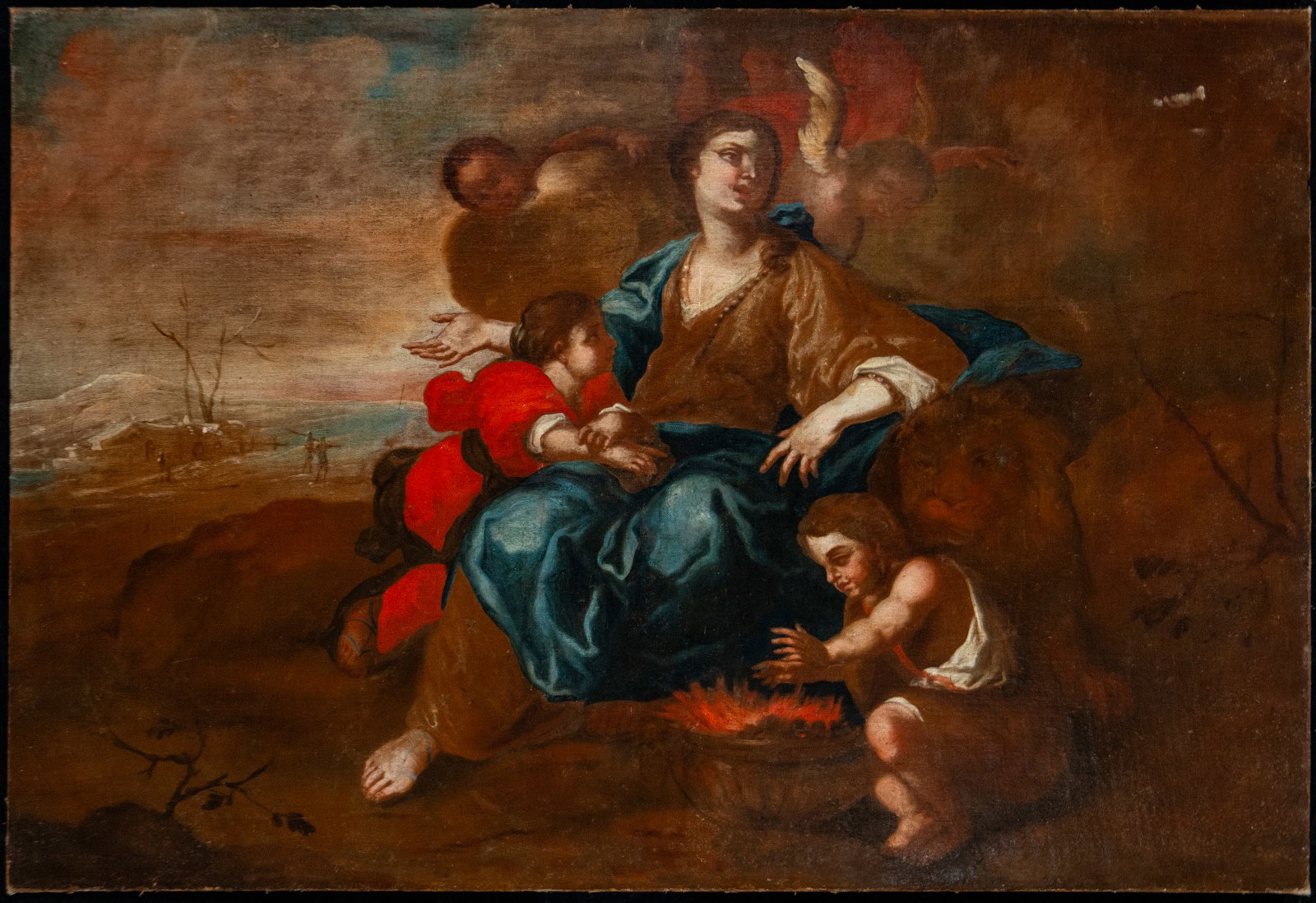 Allegory of Winter. Italian School. 17th Century: Oil on canvas. Dimensions 96 × 135 cm. Allegory of Winter with a female figure accompanied by children around a brazier in an open landscape. The composition combines seasonal symbolism and Baroque s