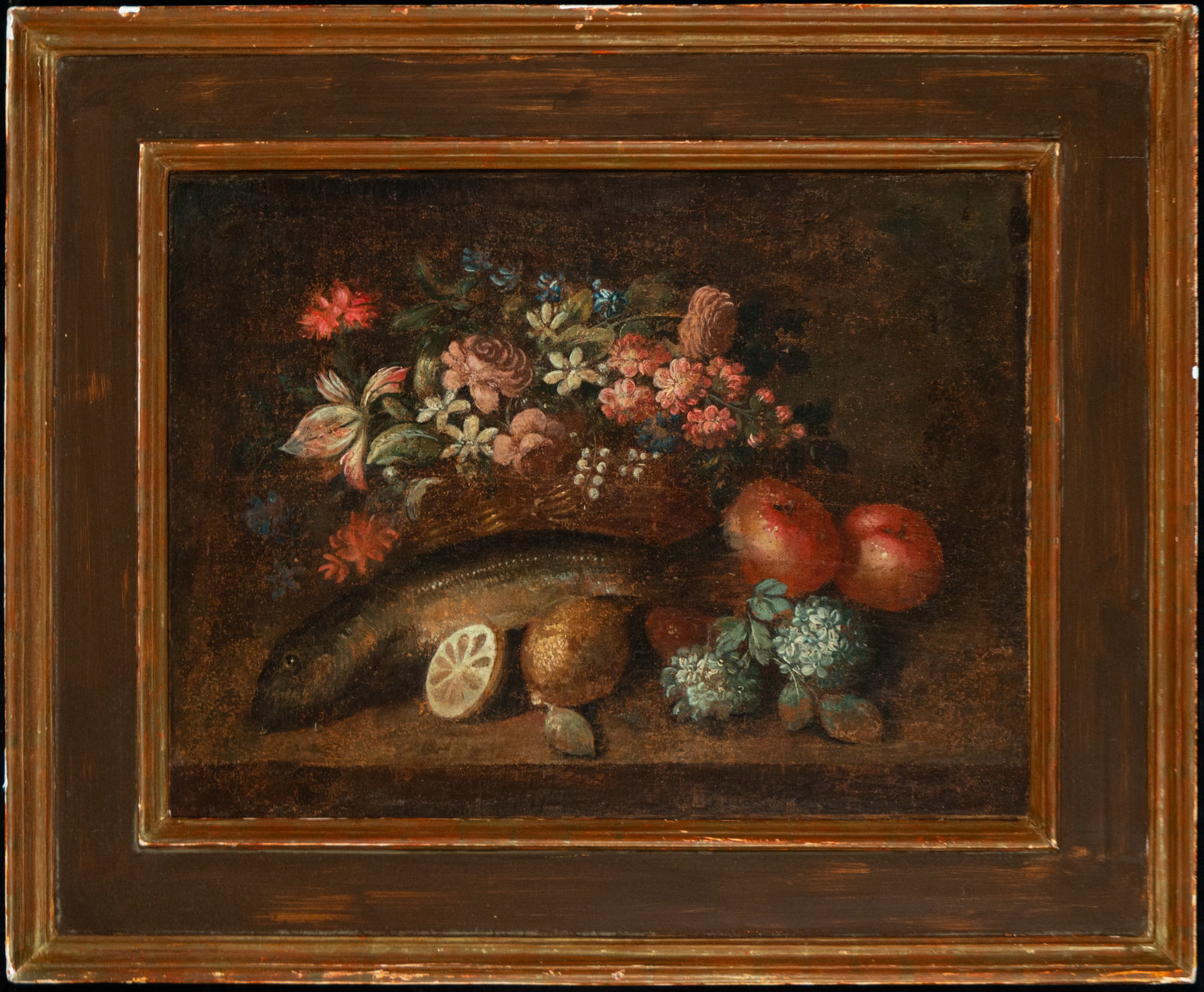 Still life with flowers, fruit, and fish. Italian School. 17th century: Oil on canvas. Dimensions 46 × 61 cm and 67 × 81 cm.