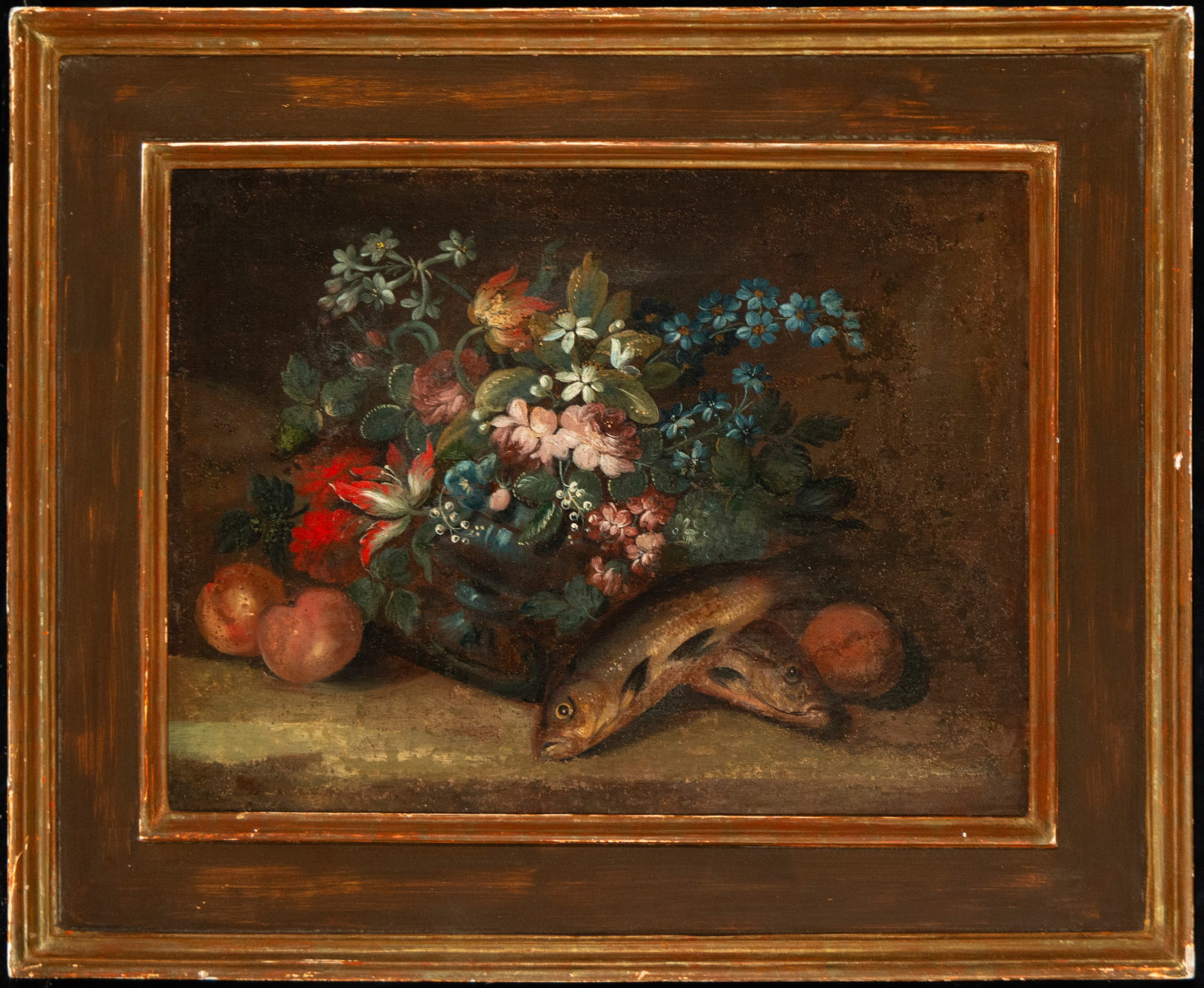 Still life with flowers, fruit, and fish. Italian School. 17th century: Oil on canvas. Dimensions 46 × 60 cm and 67 × 81 cm.