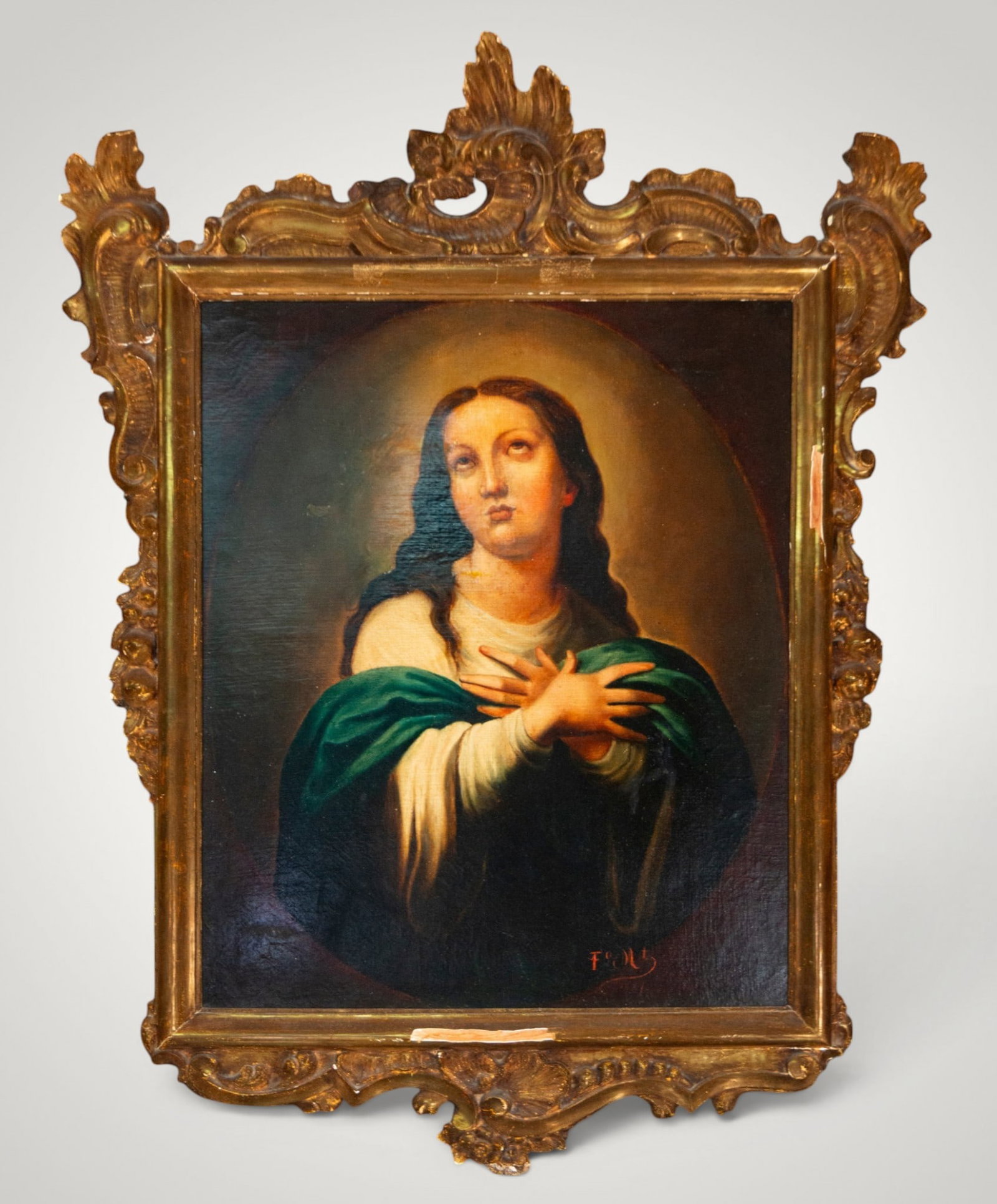 Our Lady of Sorrows. Spanish School. 19th Century: Oil on canvas. Dimensions: 73 × 60 cm; framed: 111 × 85 cm. Half-length portrait of Our Lady of Sorrows with her hands crossed over her chest and her gaze raised towards heaven, enveloped in a delic