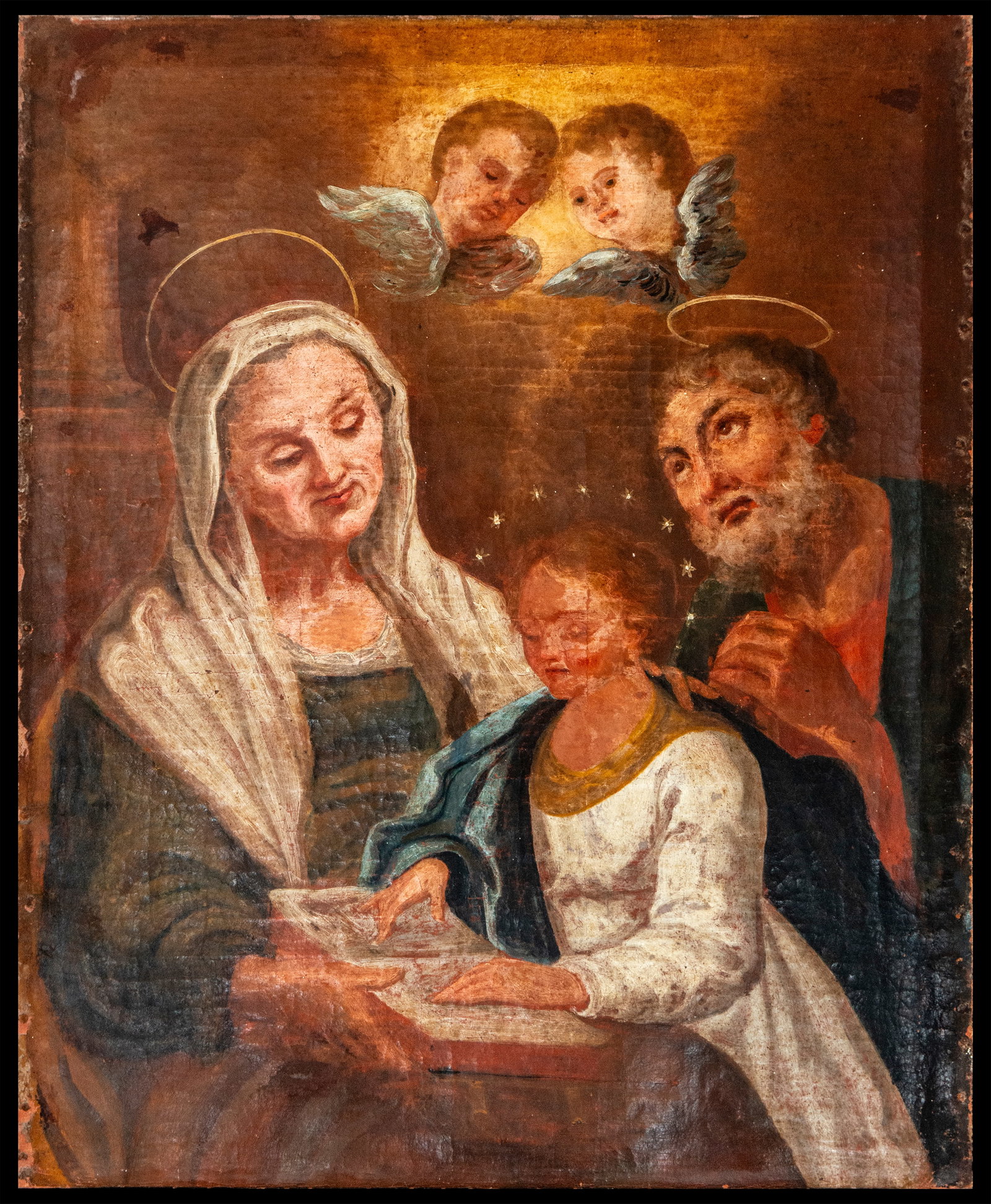 Saint Anne and Saint Joachim teaching the Virgin Mary to read. Spanish school. 17th century: Oil on canvas. Dimensions: 91 × 72 cm. Devotional scene in which Saint Anne teaches the Virgin Mary to read as a child, while Saint Joachim observes the scene and two angels appear above the figures.