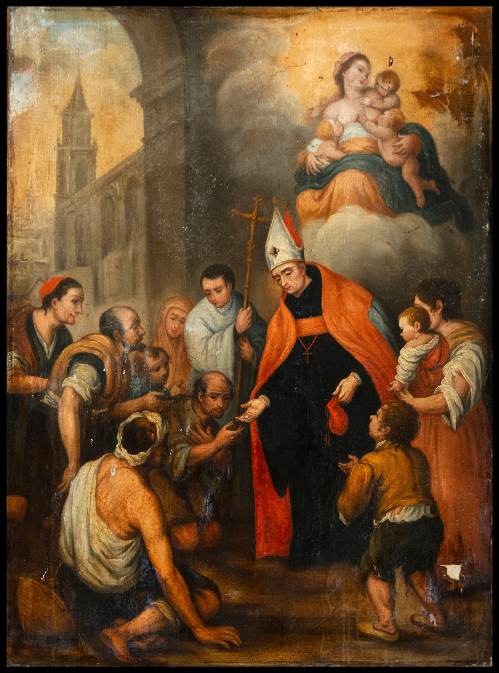 Saint Thomas of Villanova distributing alms. Spanish school. 18th century: Oil on canvas. Dimensions: 108 × 81 cm. This composition, inspired by models of Francisco de Zurbarán, depicts Saint Thomas of Villanova distributing alms to the poor and needy, while the Virgin and