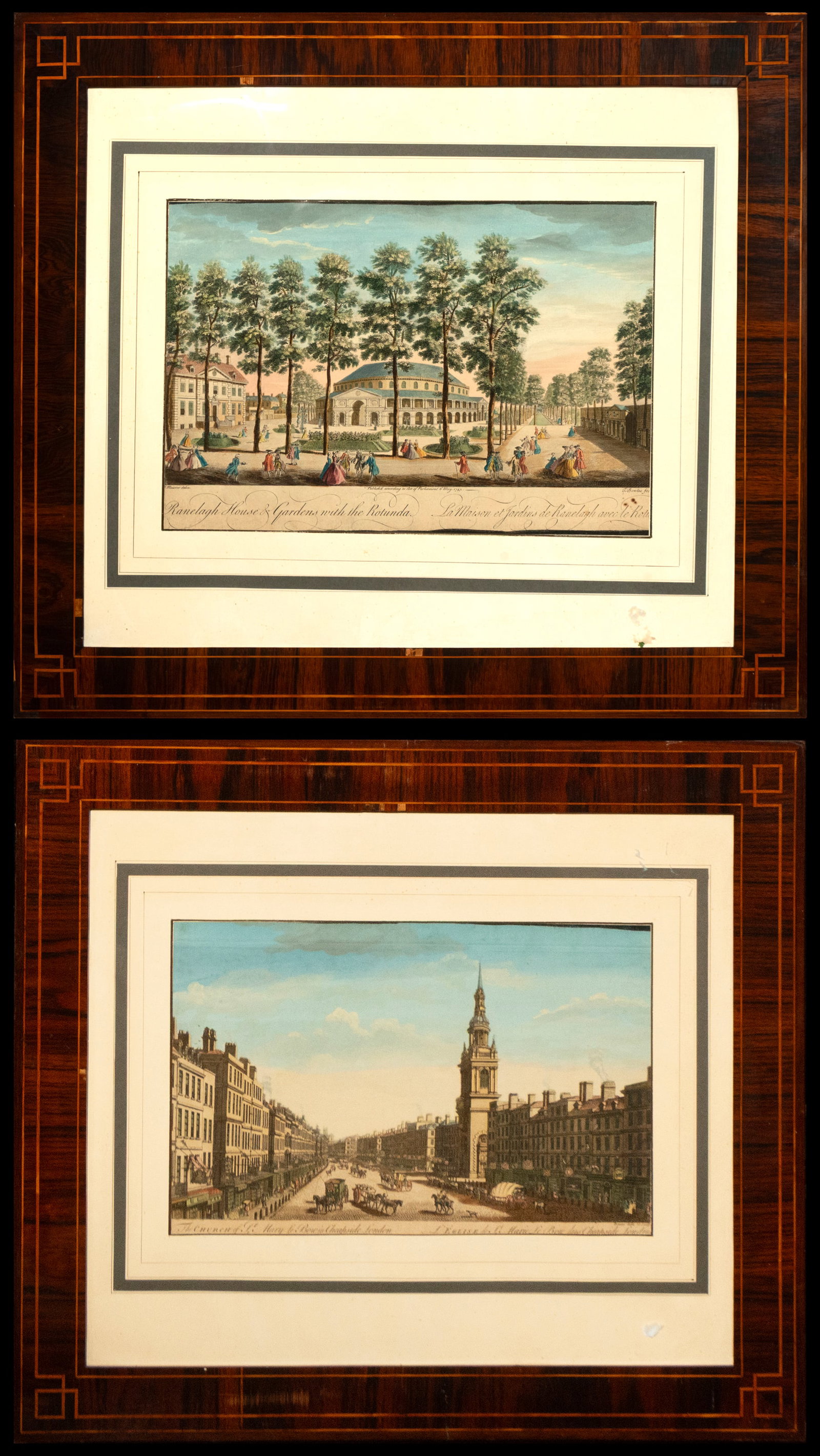 Pair of English engravings of cityscapes. Signed. English School. 18th century: Hand-colored engravings on paper. Dimensions: 26 × 40 cm and 38 × 65 cm. A pair of cityscapes featuring monumental buildings, gardens, and figures that enliven the composition. The fine burin work a