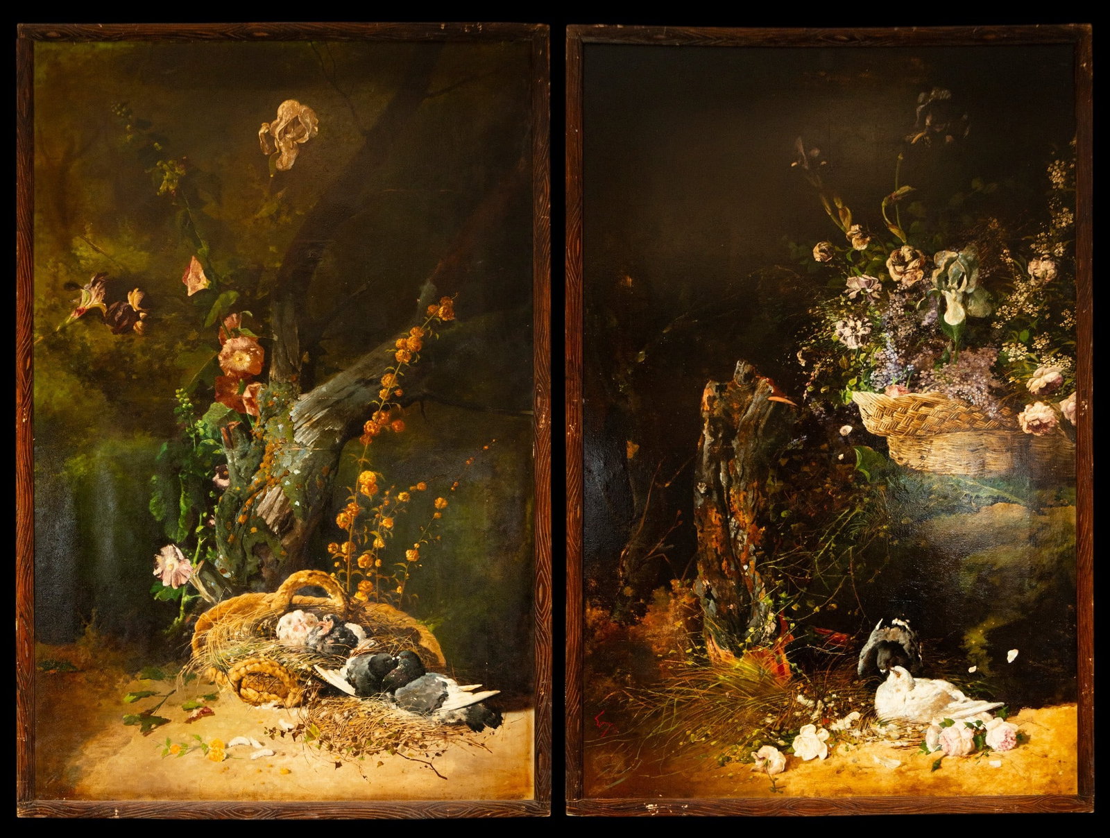 Pair of compositions with doves and flowers. Signed, HORACIO LENGO - Spanish School. 19th Century: Oil on canvas. Dimensions without frame: 160 x 106 cm. Dimensions with frame: 164 x 110 cm. A pair of vertical compositions featuring doves, baskets of flowers, tree trunks, and vegetation against som