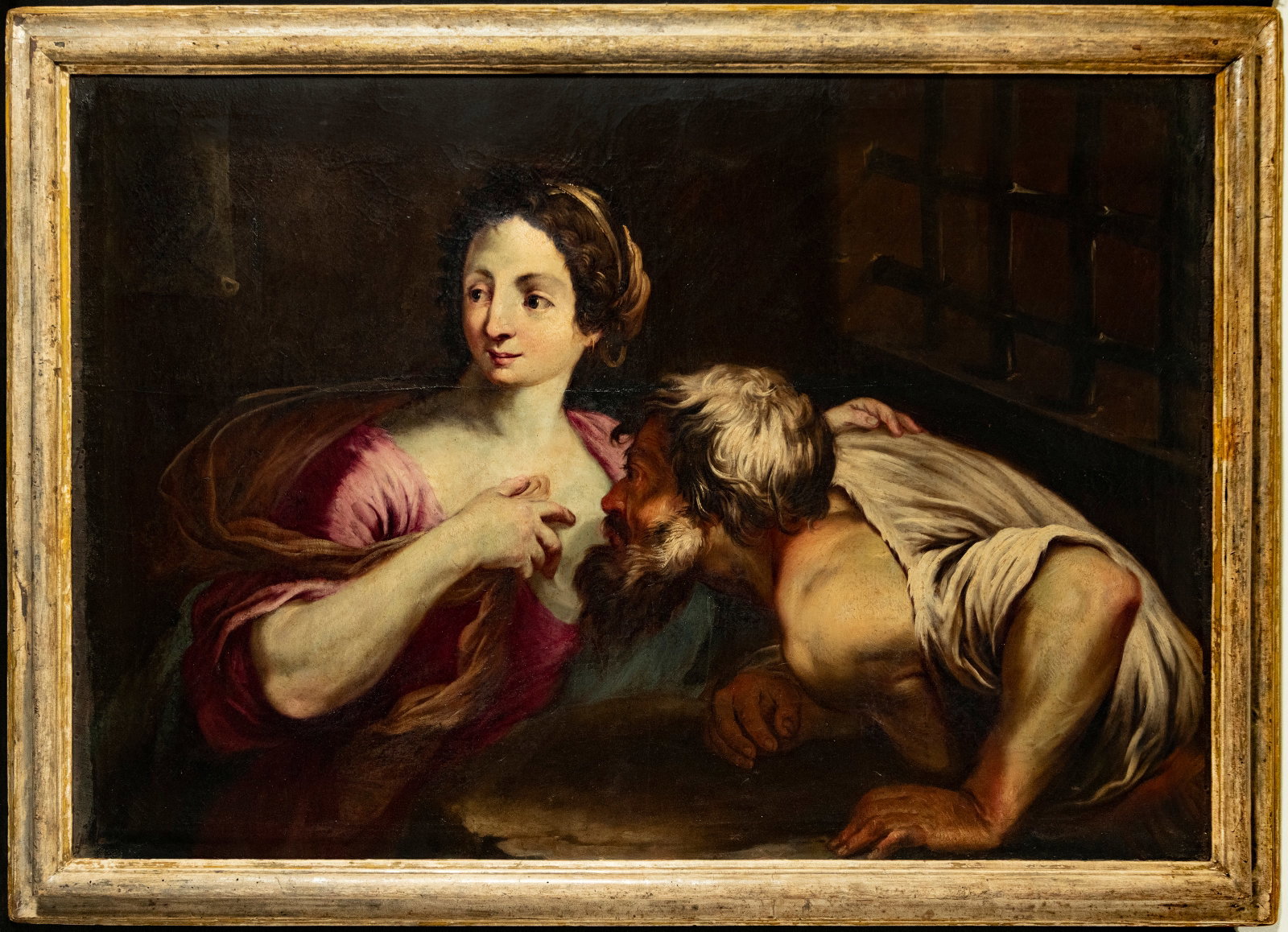 Large Roman Charity of the 17th Century - Italian Baroque Master: Neapolitan or Roman painter, possibly a work by Luca Giordano, also known as Fra Presto (1634-1705), measuring 132 x 98 cm framed and 115 x 85 cm canvas only. Formerly a private collection in Valencia