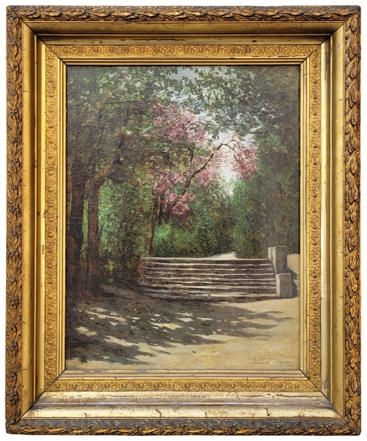 ROMANTIC GARDEN, MANUEL RAMOS ARTAL, IMPRESSIONISM, 19TH CENTURY – SPAIN: Technique: Oil on canvas. Title: Garden Scene. Style: Impressionism. Artist: Manuel Ramos Artal (Madrid, 1855–1915). Period: Late 19th century. Country of origin: Spain. Good condition considering i