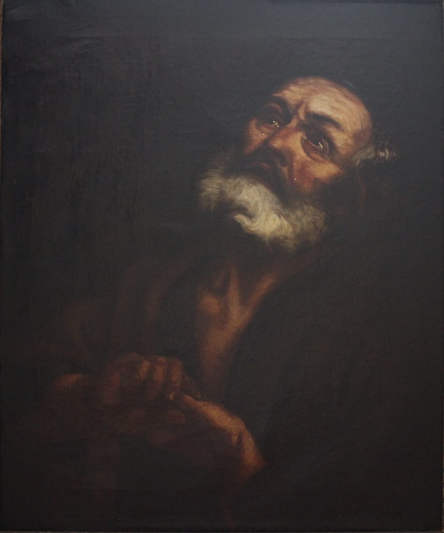 Gaetano Recco (Naples, active in the second half of the 17th century) – The Tears of Saint Peter,: Oil on canvas. Dimensions: 75 × 63 cm. We thank Stefano Causa for his assistance in cataloging this work. A magnificent devotional representation of Saint Peter in Penitence, attributed by Professor 