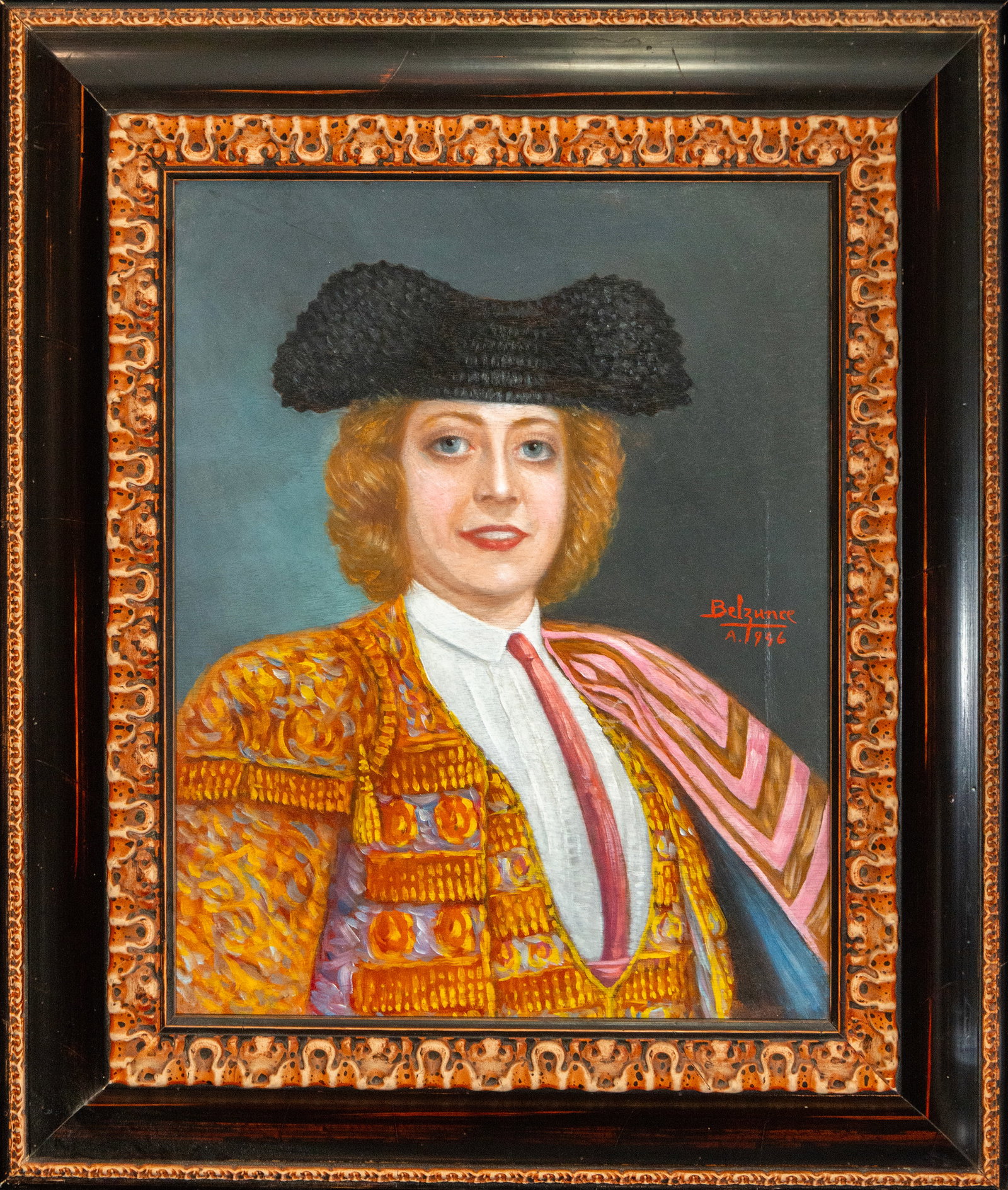 Portrait of a female bullfighter, signed (Belzunce), Contemporary School, 20th Century: Oil on canvas. Dimensions 51 x 39 cm; frame 72 x 60 cm. Bust portrait of a woman dressed in a richly ornamented bullfighter's suit in gold tones and an embroidered jacket, accompanied by a red tie and
