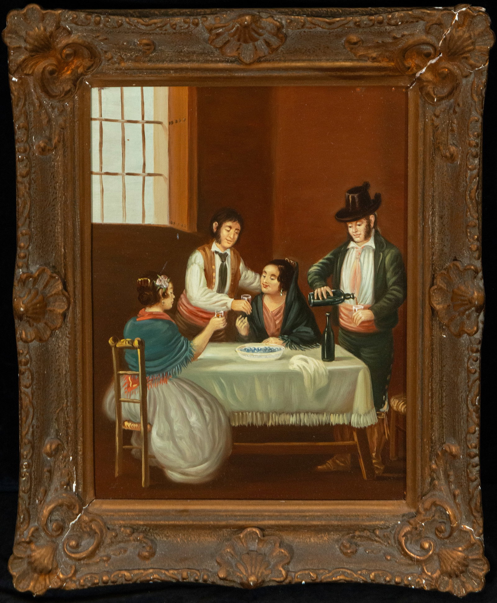 Typical tavern scene, Spanish School, Late 19th - early 20th century: Oil on panel. Measurements: 33 x 22 cm and 39 x 33 cm.