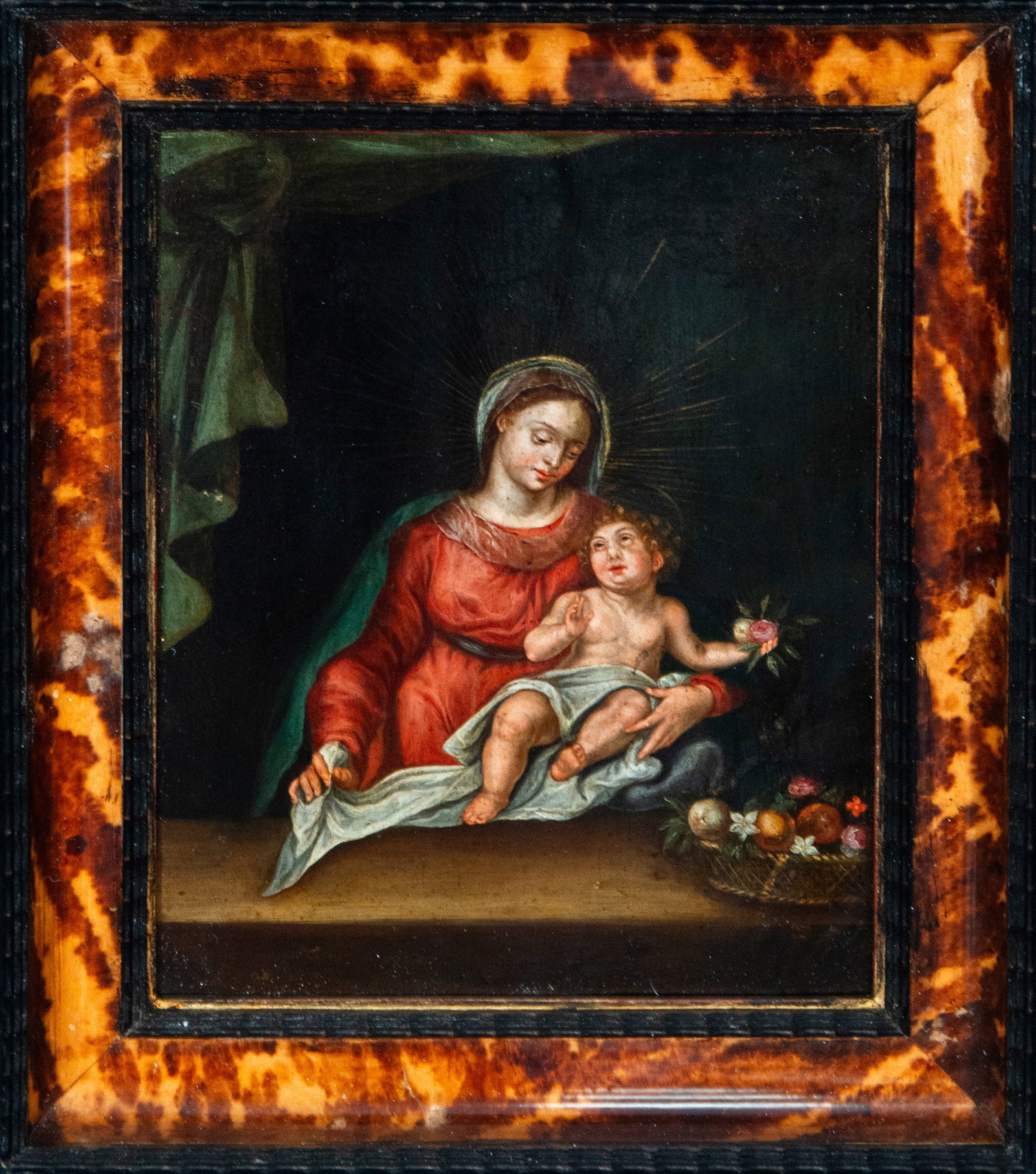 Virgin and Child, Italian School, 17th Century: Oil painting on copper. Dimensions: 22 x 17 cm and 30 x 24 cm. A devotional composition centered on the figure of the Virgin Mary holding the Christ Child, serenely and delicately positioned against a