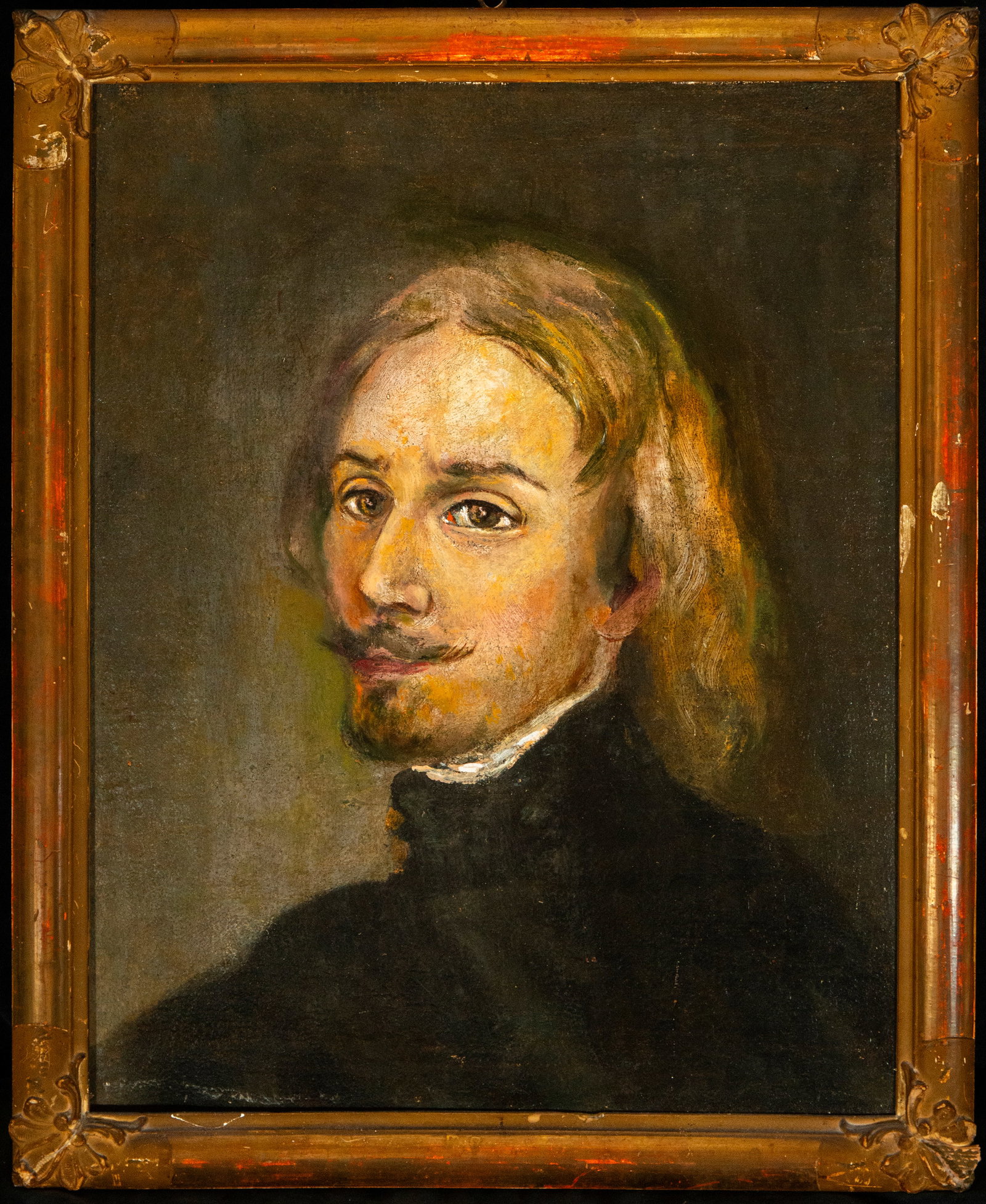 Portrait of a Gentleman. Spanish School. 19th Century: Oil on canvas. The painting presents the bust of a gentleman with a tilted forehead, dressed in dark, white-collared clothing. His face, framed by swept-back blond hair and a neatly trimmed mustache, 