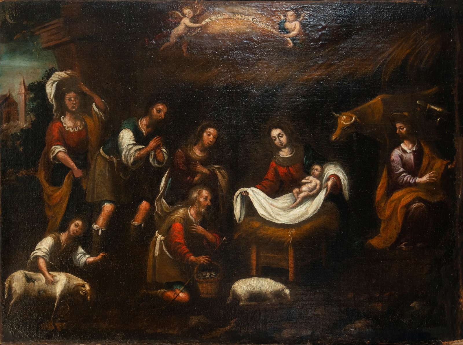 Adoration of the Shepherds. Spanish School. Late 18th century.: Oil on canvas. The scene takes place in a dark interior where divine light emanates from the newborn Christ, surrounded by the Virgin Mary, Saint Joseph, and a group of shepherds who bow down in humil