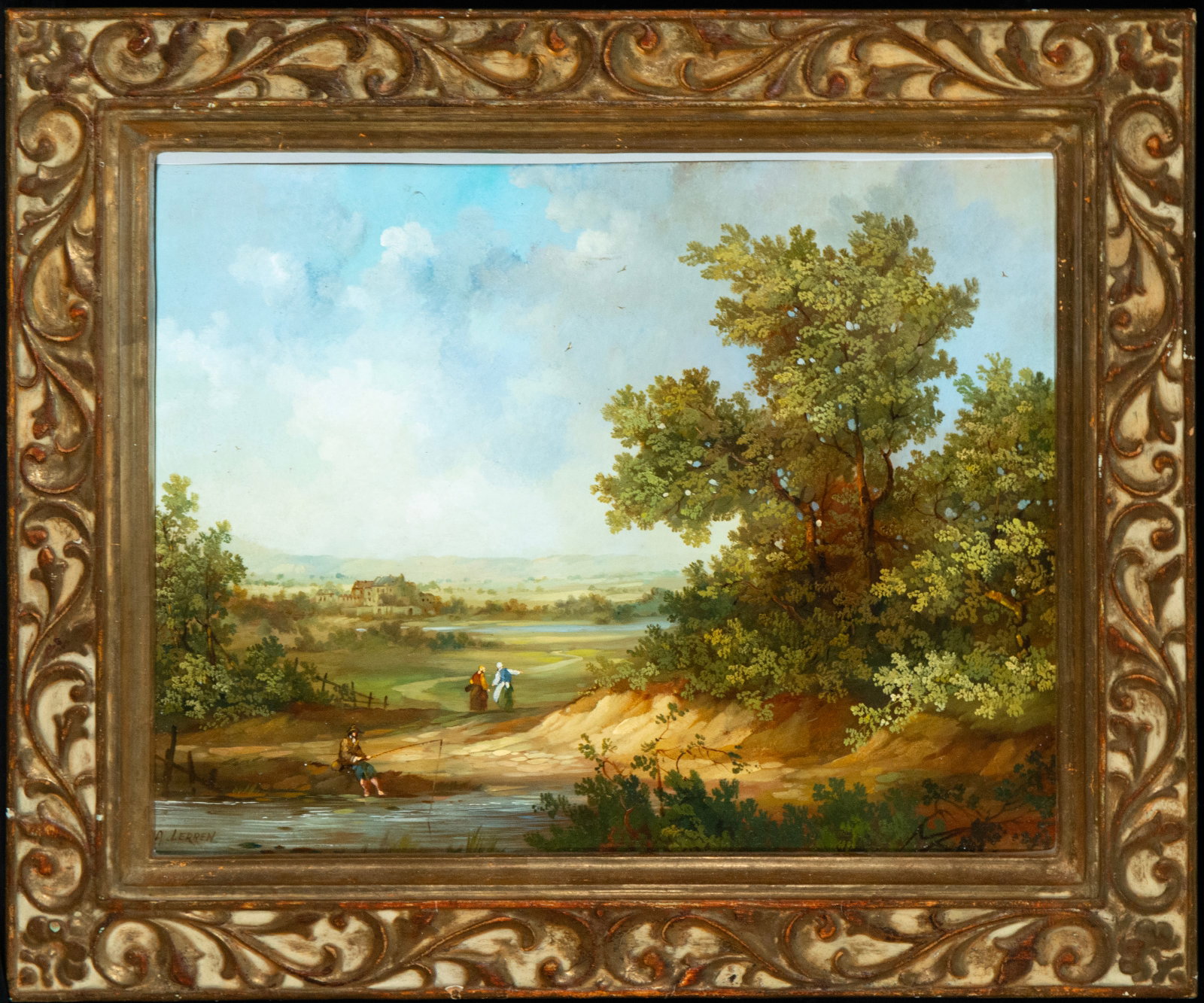 English landscape on copper - LERREN A - Signed, English School, 20th century: Oil on copper. Dimensions 39 x 31 cm; framed 50 x 42 cm. Open landscape with a water's edge in the foreground, a fisherman seated by the riverbank, and two figures walking along the path. In the backg