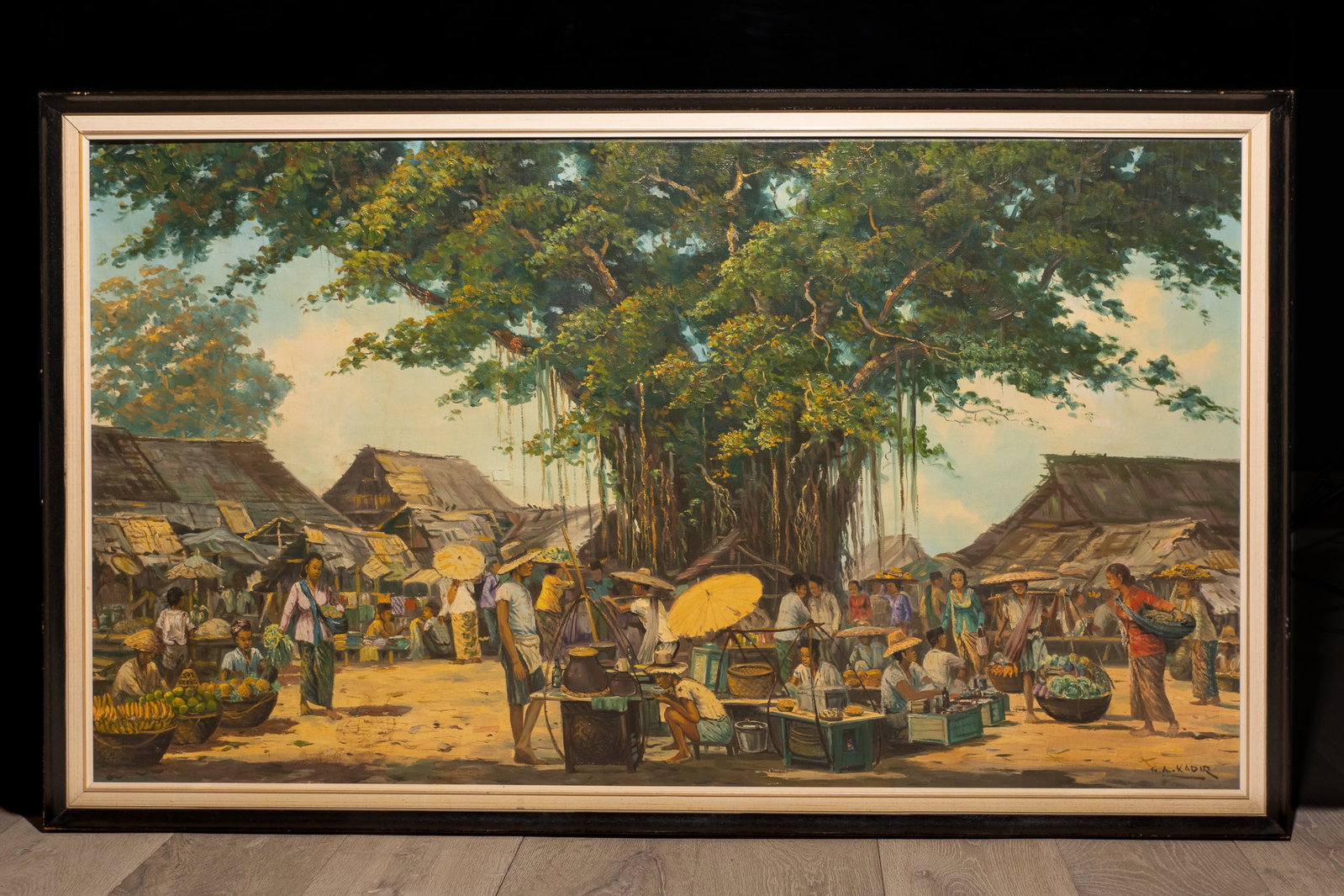 Indo-Philippine School, 20th Century - View of an Indonesian village: Oil on canvas. Dimensions: 91 x 72 cm. This 20th-century painting depicts a view of an Indonesian village, conceived with a landscape sensitivity attentive to both the local setting and the capture of