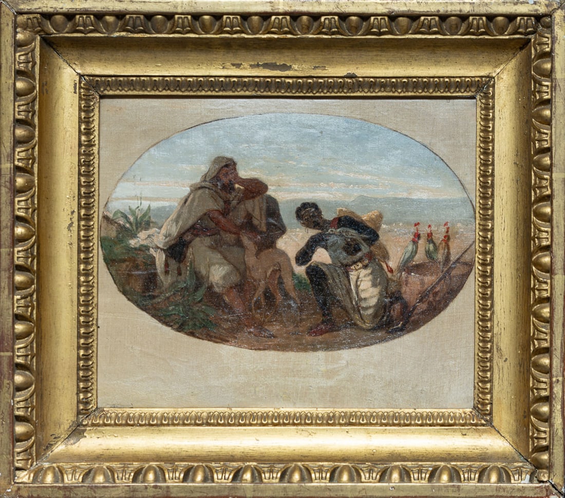 Circle of Jean Portaels - Orientalist scene/ Belgian school, mid-19th century: Oil on canvas. Allegorical pictorial sketch, probably conceived as a preparatory study for a decorative or larger-scale project. The composition is articulated with loose and dynamic brushstrokes, pri