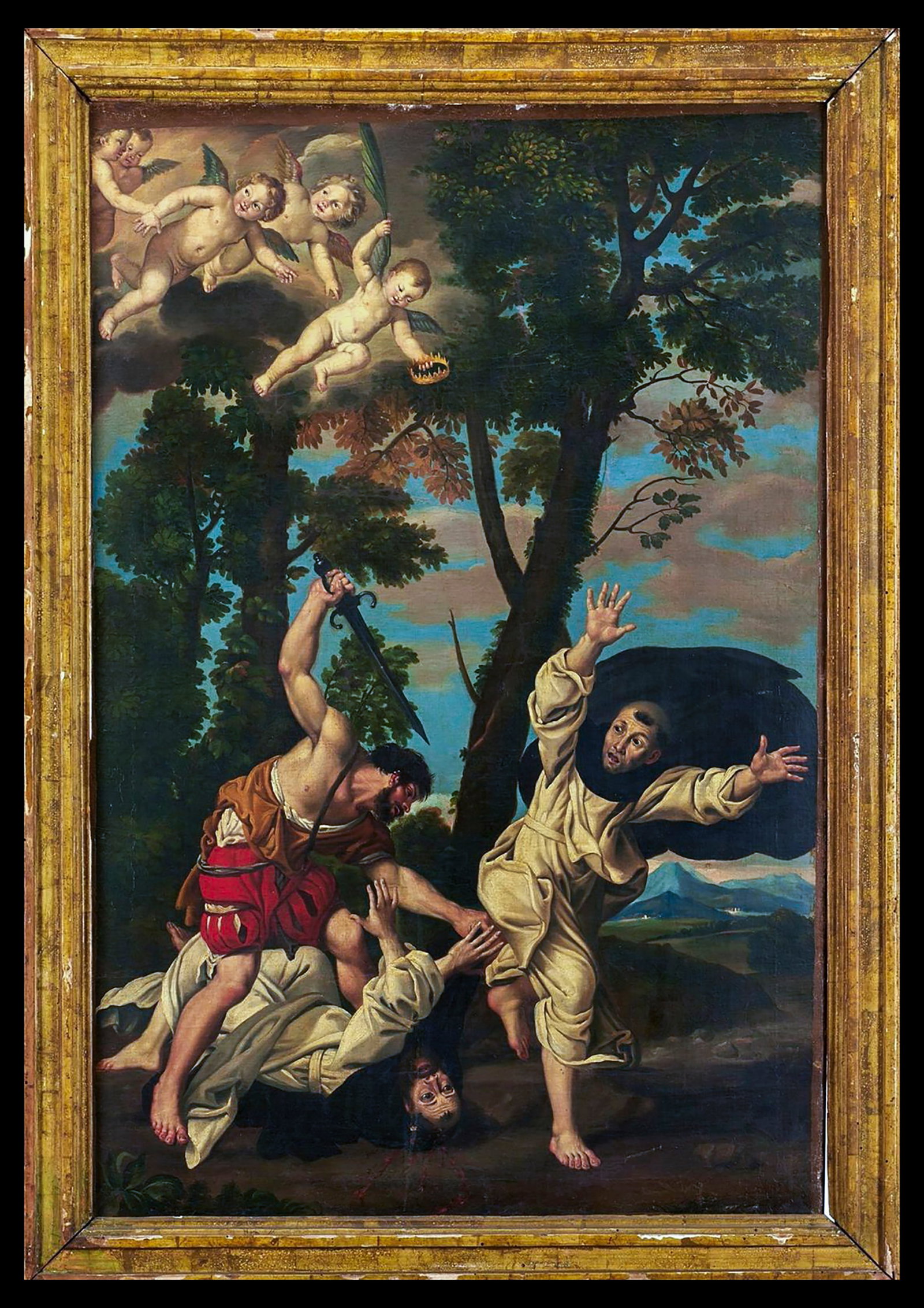 18th century Italian school after Domenichino (1581-1641) - Martyrdom of Saint Peter of Verona: Oil on canvas. Dimensions: 90 x 60.5 cm (unframed), 95 cm x 65.5 cm (framed). Good condition.
