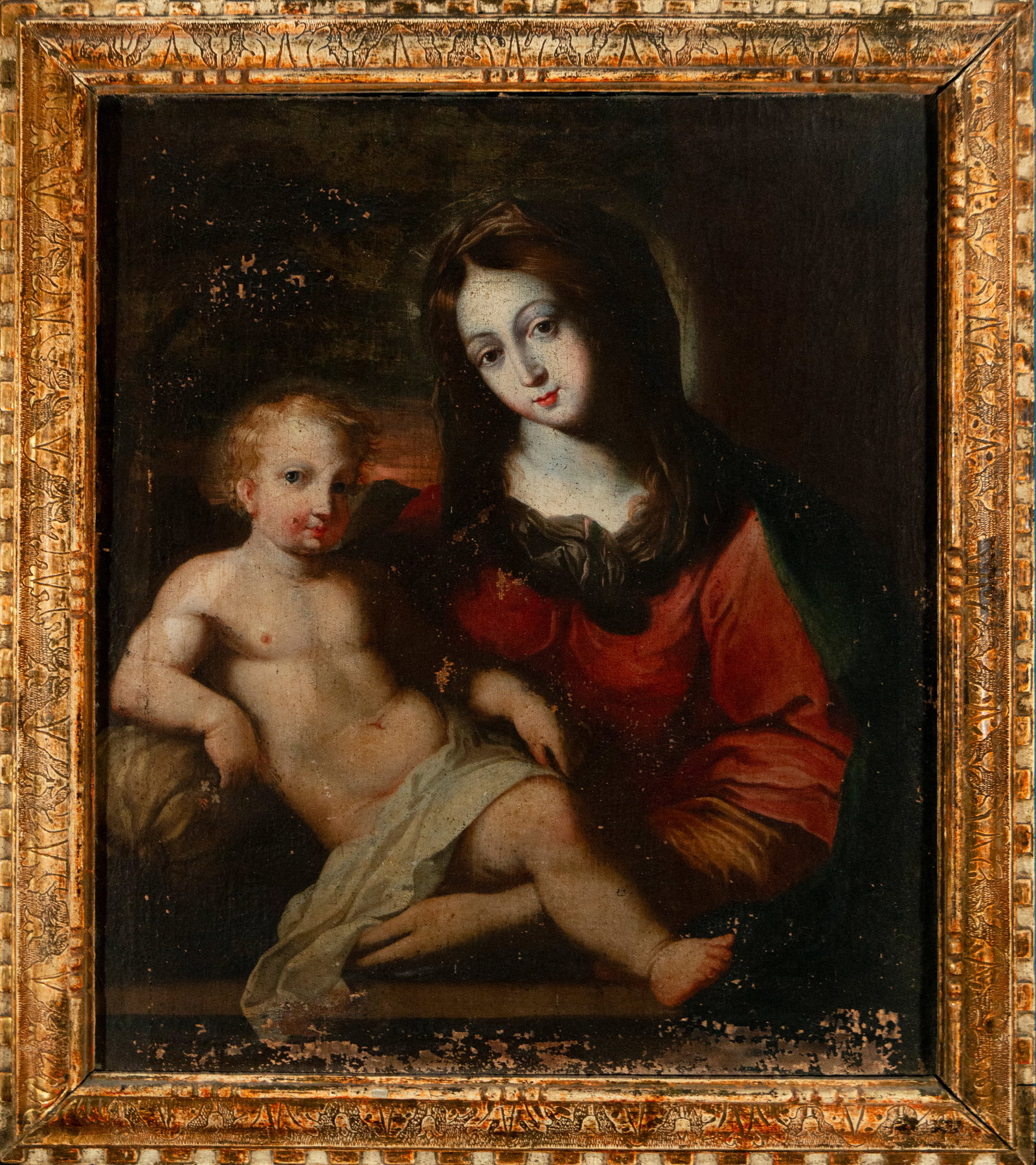 Virgin and Child Jesus, French primitive, 17th century: 71.5 x 60.3 cm. Provenance: former collection of the Duke of Lesdiguières, with label on the back.