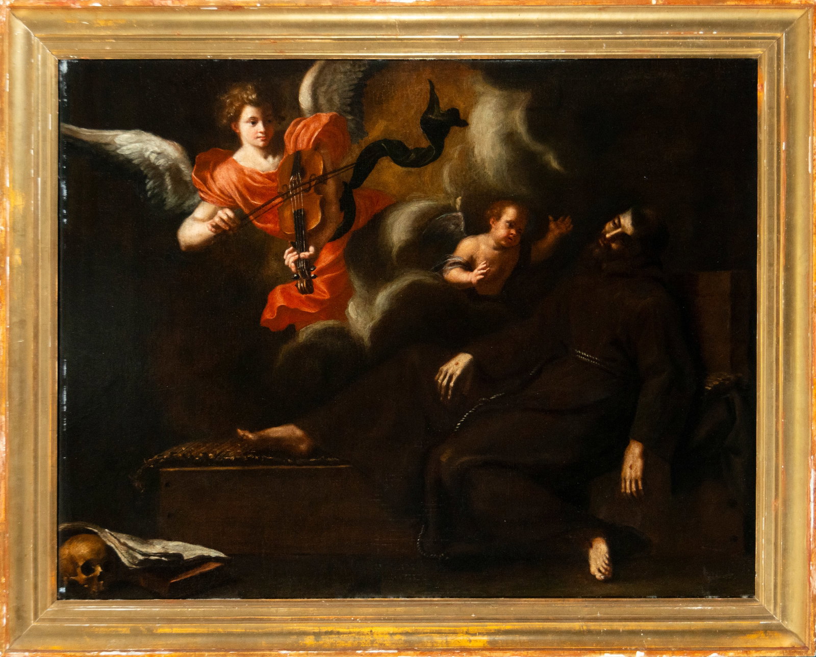 The Vision of St. Francis of Assisi, Neapolitan master of the 17th century: Oil on canvas: 81 x 104 cm. 81 x 104 cm framed, very good condition