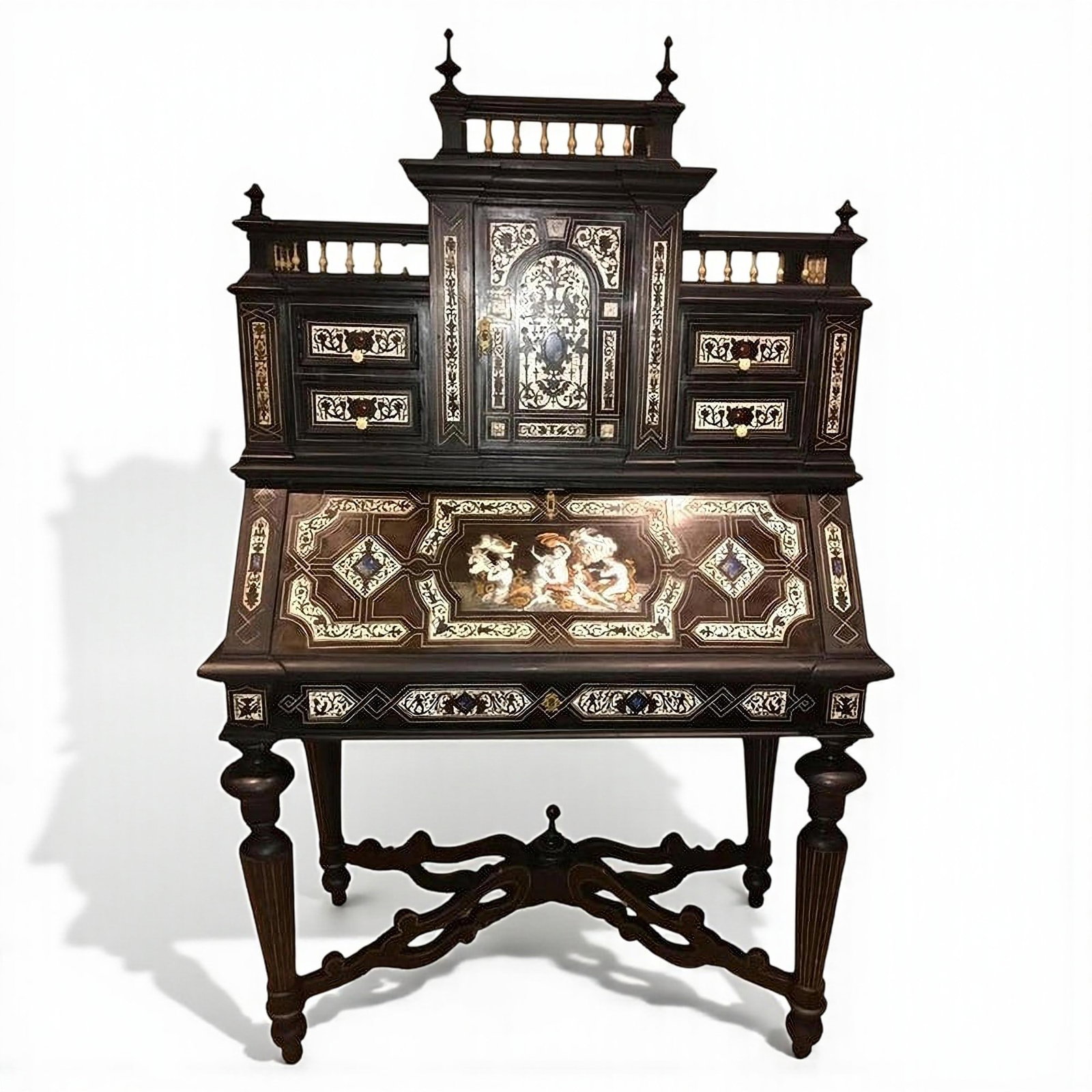 Ebonized wood secretaire inlaid with ivory and hard stones, attributed to Ferdinando Pogliani,: Ebonized wood inlaid with ivory and hard stones. Dimensions: 170 x 104 x 52 cm. Magnificent 19th-century Italian secretaire attributed to Ferdinando Pogliani, a prominent Milanese cabinetmaker renowne
