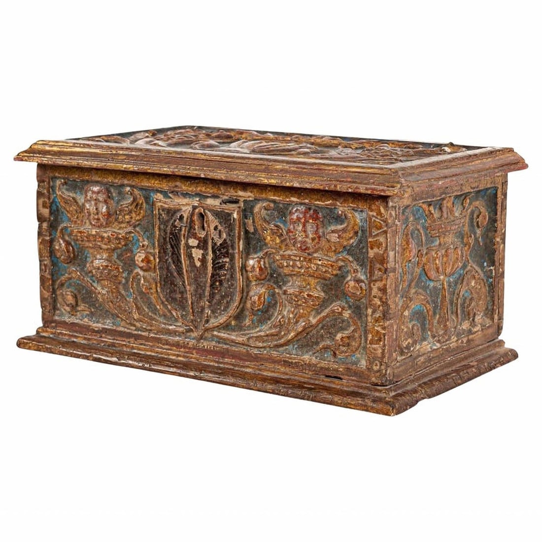 Aragonese Renaissance chest, 16th century: Polychrome, gilded wood and decorated with the horn of plenty and cherub motifs. Measurements: 21.5 x 44 x 24.5 cm