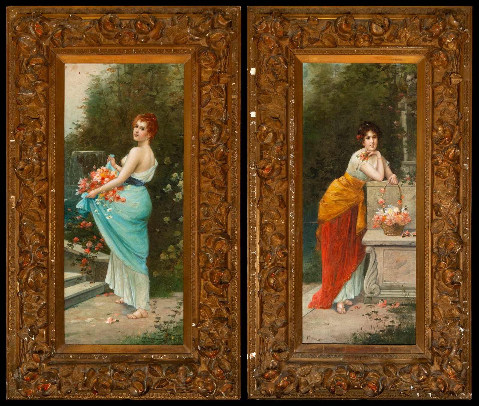 Pair of romantic paintings with ladies with baskets of flowers, 19th century: Measurements: 82 cm x 34 cm and 112 cm x 64 cm