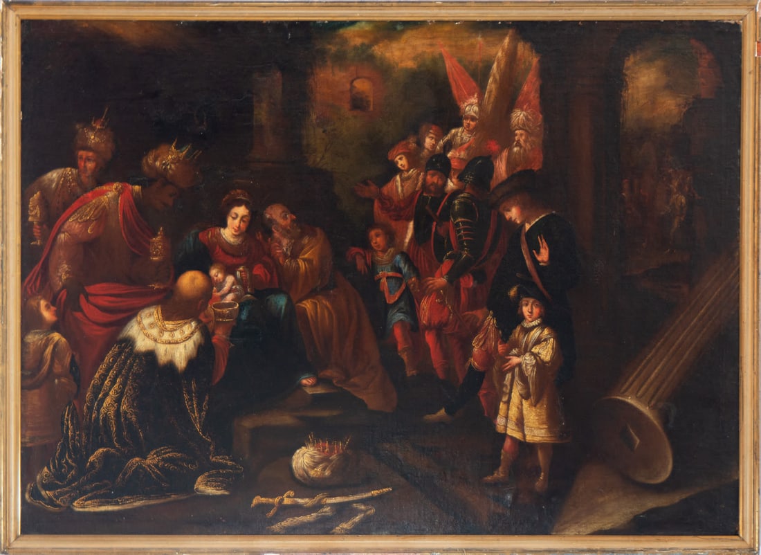 Adoration of the Magi, Flemish school of the 17th century: Oil on canvas, 140 X 102 cm (with frame) and 138 X 98 cm (canvas).