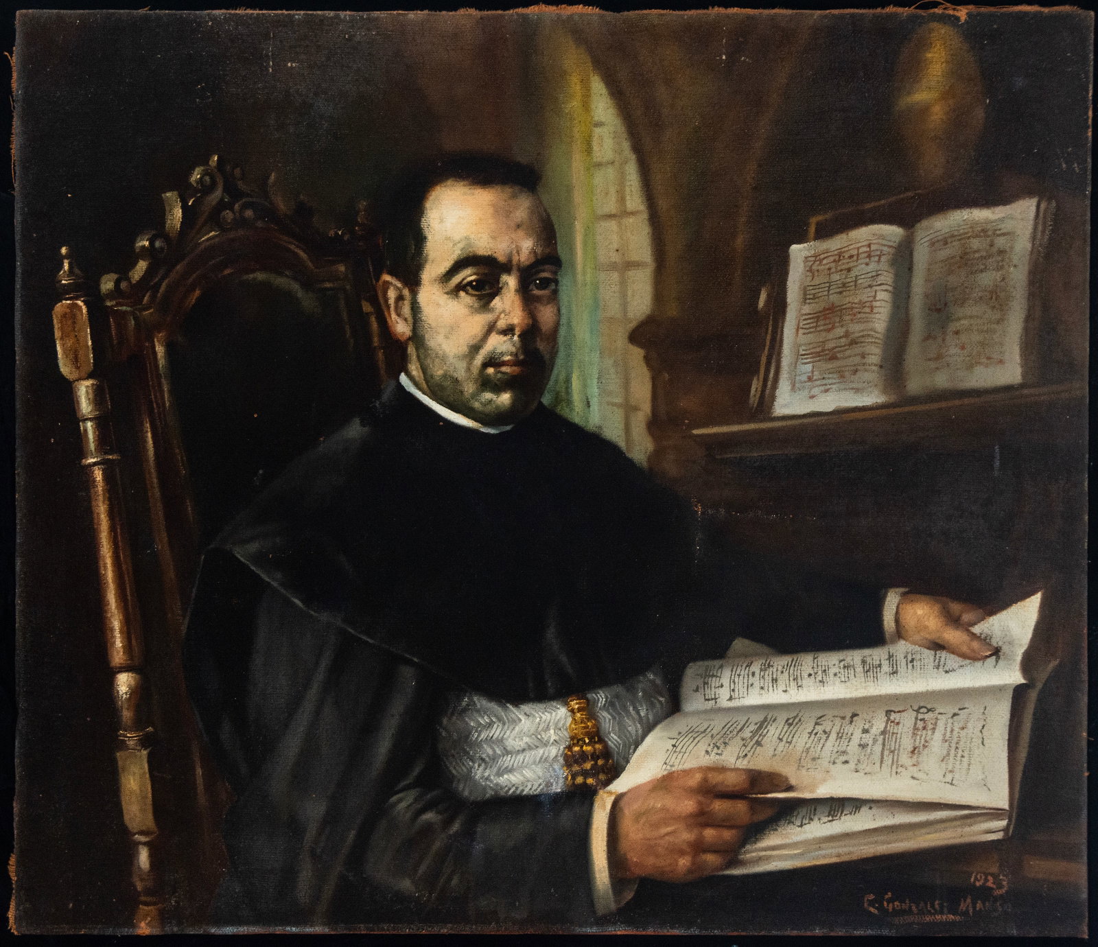 Elias Gonzalez Manso, Portrait of a Clergyman, 20th-century Spanish school: Oil on canvas. Dimensions 100 x 85 cm. Half-length portrait of a clergyman seated in a carved armchair, dressed in black with a clerical collar and a wide gray sash, holding and turning the pages of a