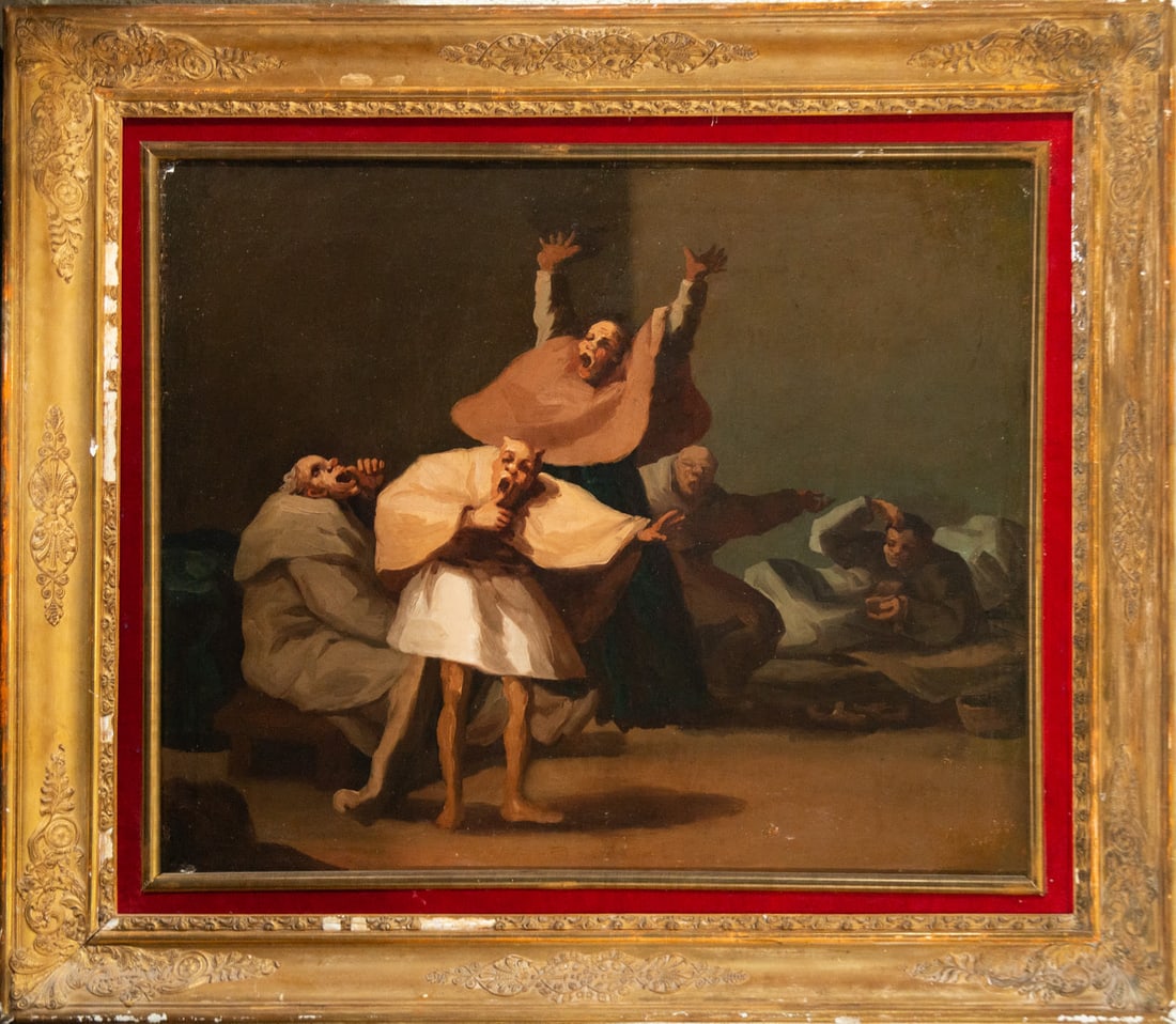 The Asylum, following Goyesque models, Leonardo Alenza y Nieto (Madrid, 1807-1845), 19th century: Oil on canvas, framed measurements: 94 x 80, canvas measurements: 72 x 58 cm. Certified by Arnáiz and published. Author of small-format costumbrista works, of portraits full of life in which he knew 