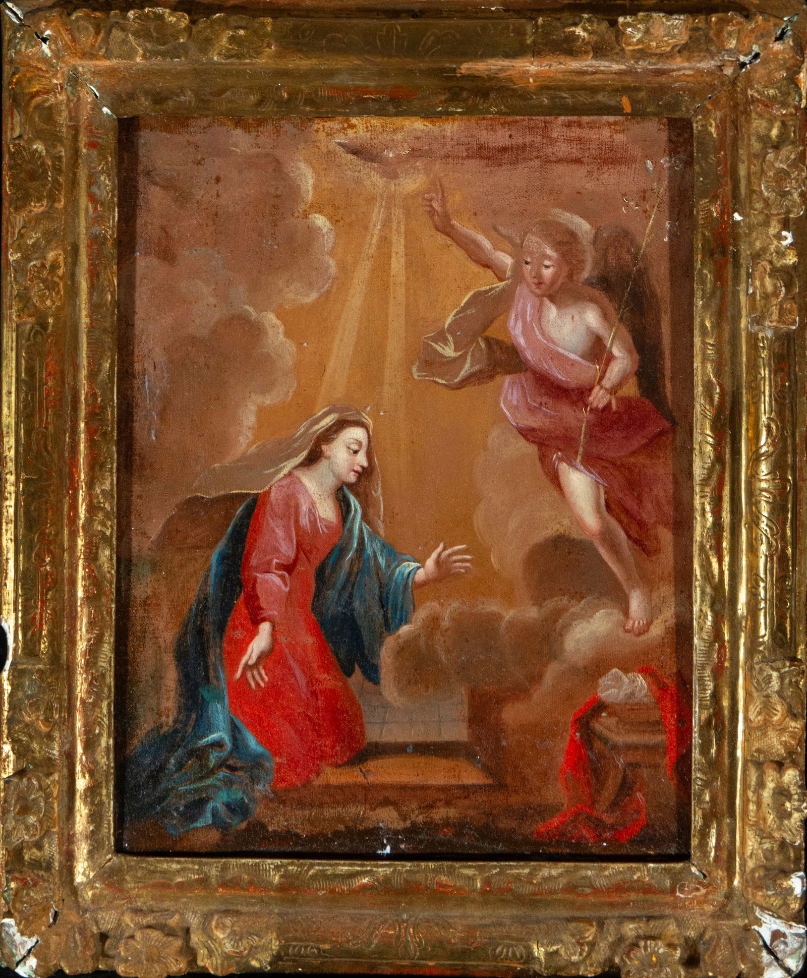 The Annunciation by the Angel Gabriel, 18th century Italian Roman school: Oil on canvas 41 x 33 cm, framed measurements: 51 x 42 cm